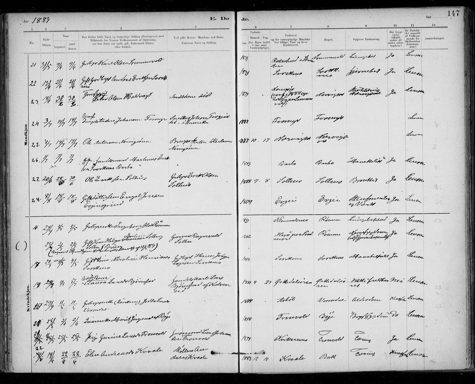 Ministerialprotokoller, klokkerbøker og fødselsregistre - Sør-Trøndelag, AV/SAT-A-1456/668/L0810: Ministerialbok nr. 668A10, 1881-1894, s. 147