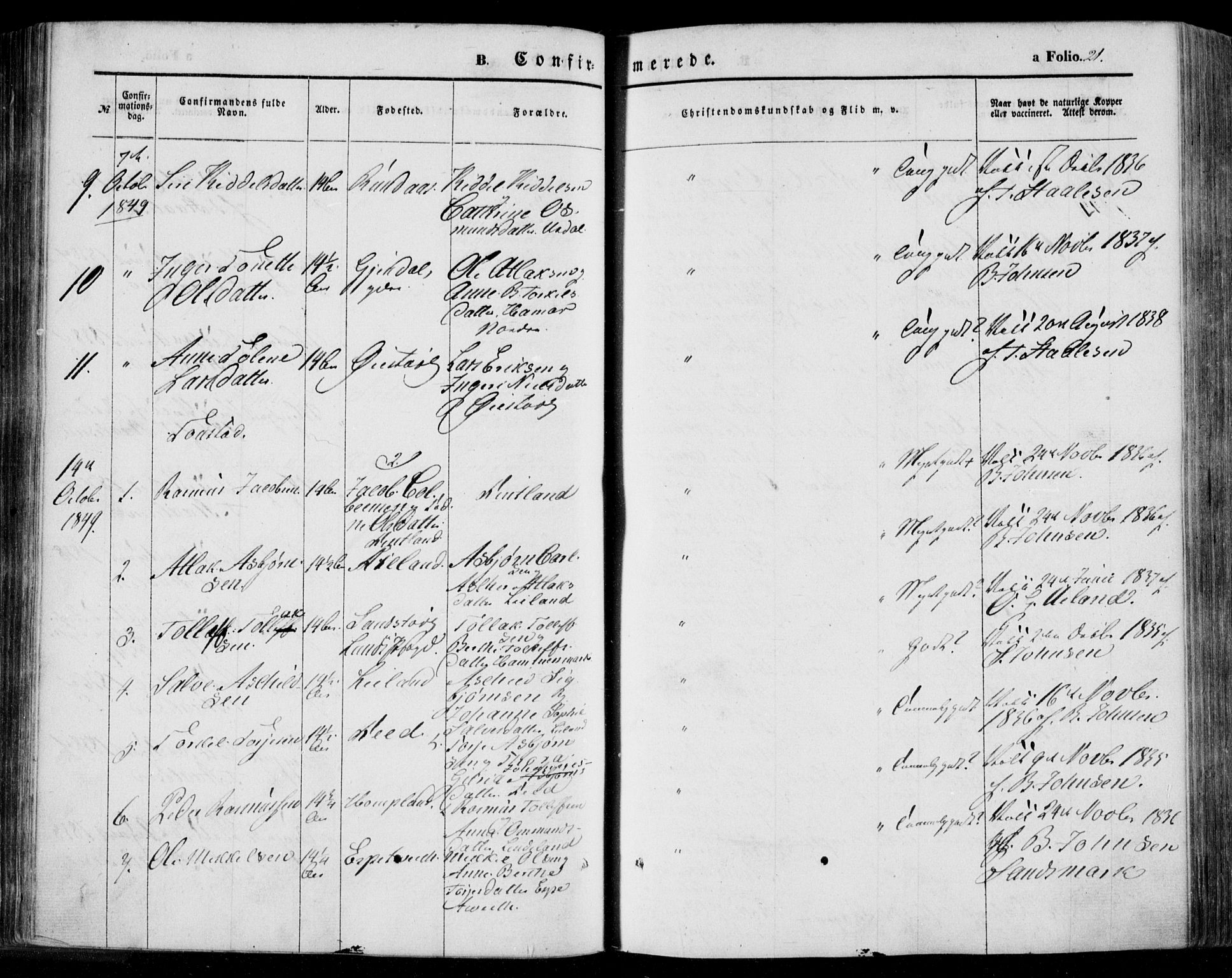 Bakke sokneprestkontor, AV/SAK-1111-0002/F/Fa/Faa/L0005: Ministerialbok nr. A 5, 1847-1855, s. 21