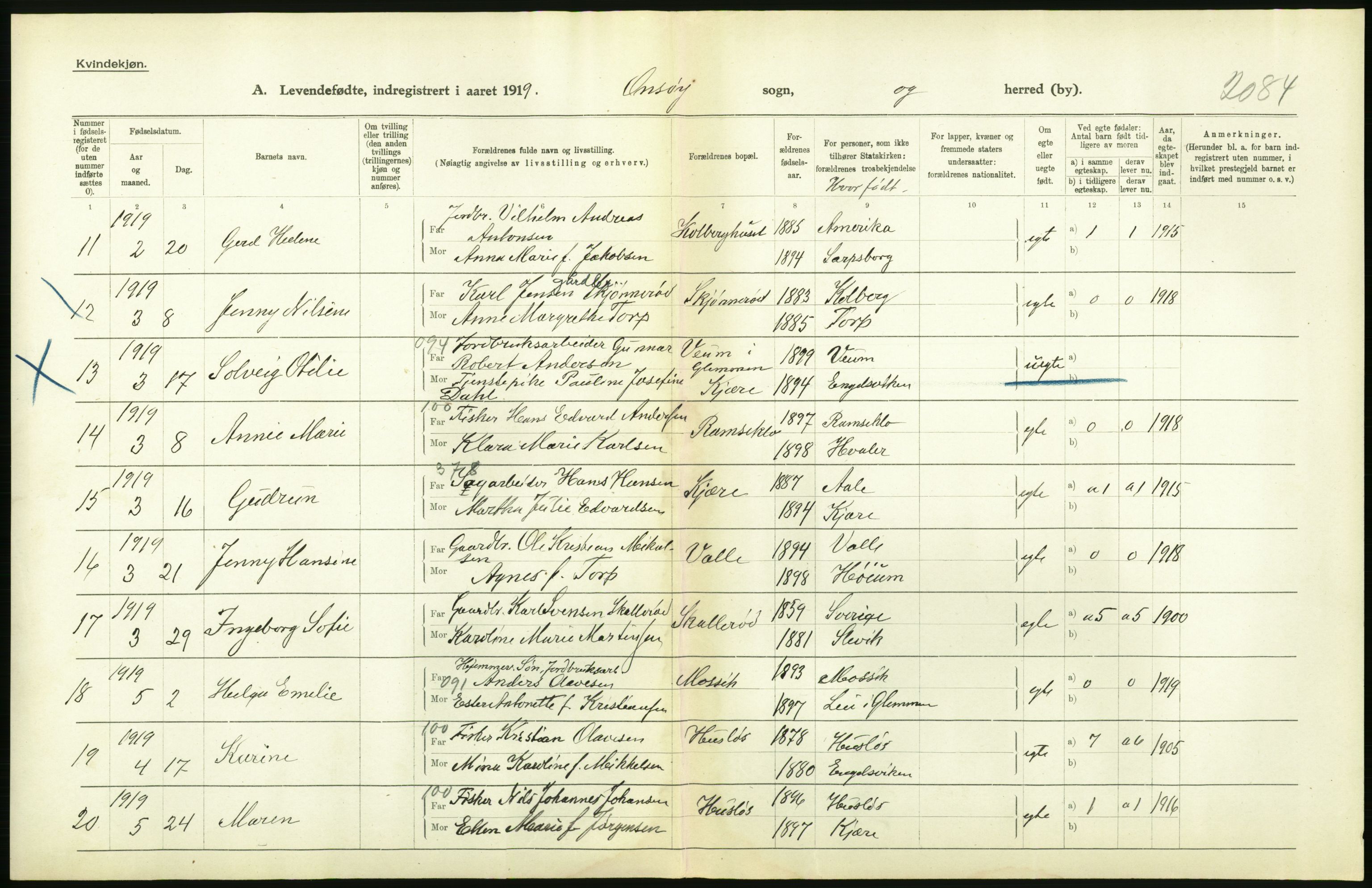 Statistisk sentralbyrå, Sosiodemografiske emner, Befolkning, RA/S-2228/D/Df/Dfb/Dfbi/L0001: Østfold fylke: Levendefødte menn og kvinner. Bygder., 1919, s. 198