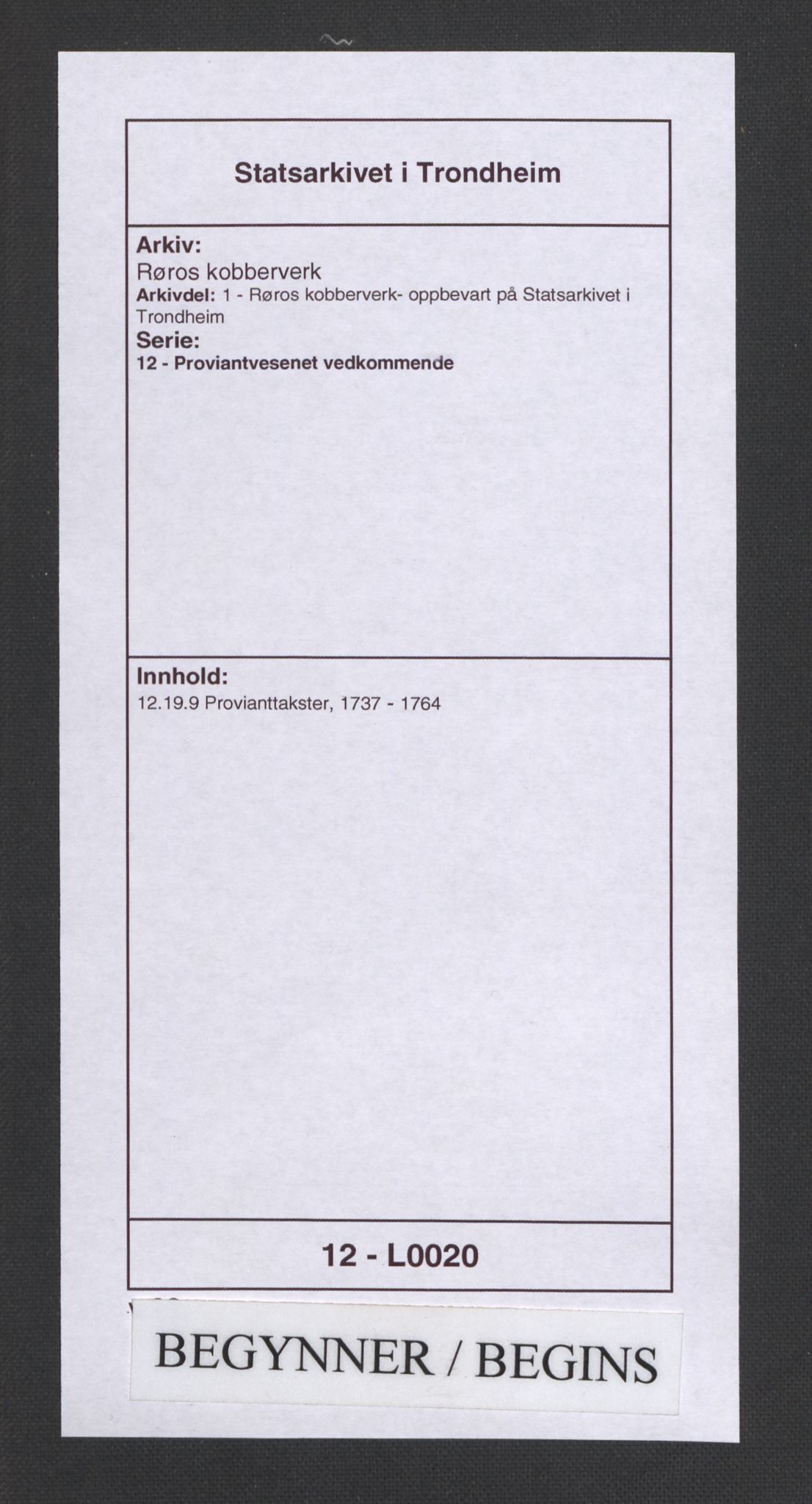 Røros kobberverk, SAT/PA-0211/1/12/L0020: 12.19.9 Provianttakster, 1737-1764, s. 1