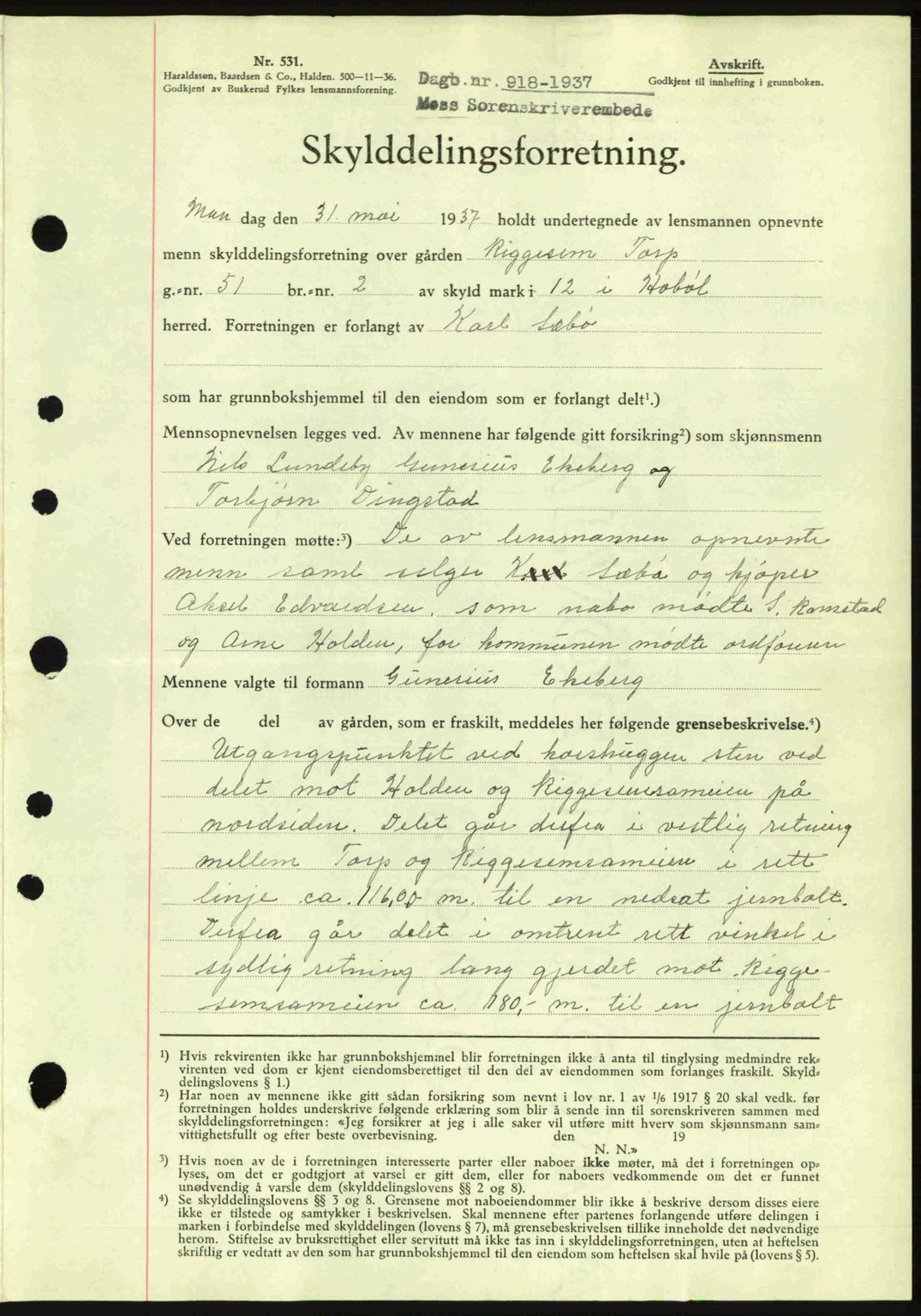 Moss sorenskriveri, SAO/A-10168: Pantebok nr. A3, 1937-1938, Dagboknr: 918/1937