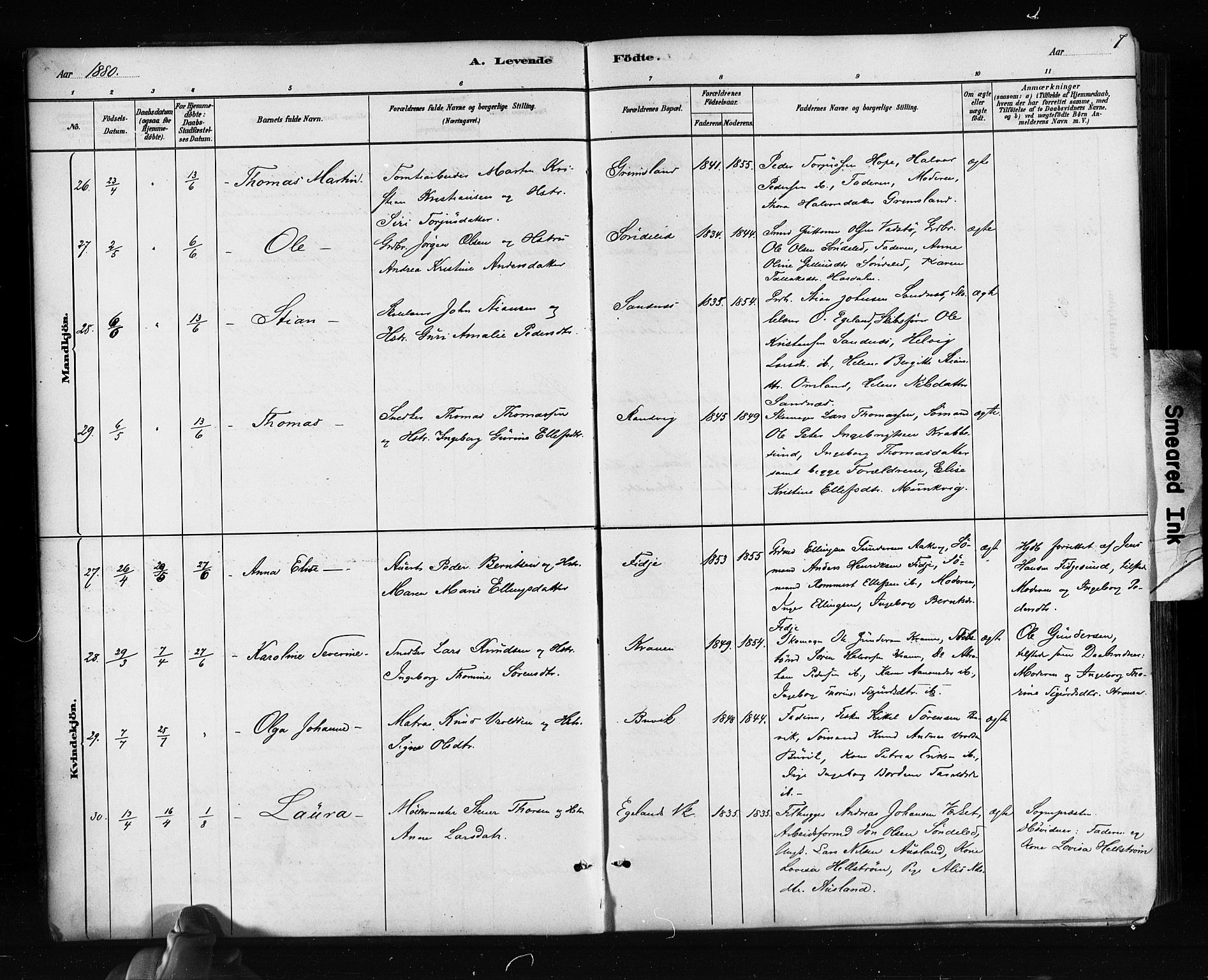 Søndeled sokneprestkontor, AV/SAK-1111-0038/F/Fa/L0004: Ministerialbok nr. A 4, 1880-1889, s. 7