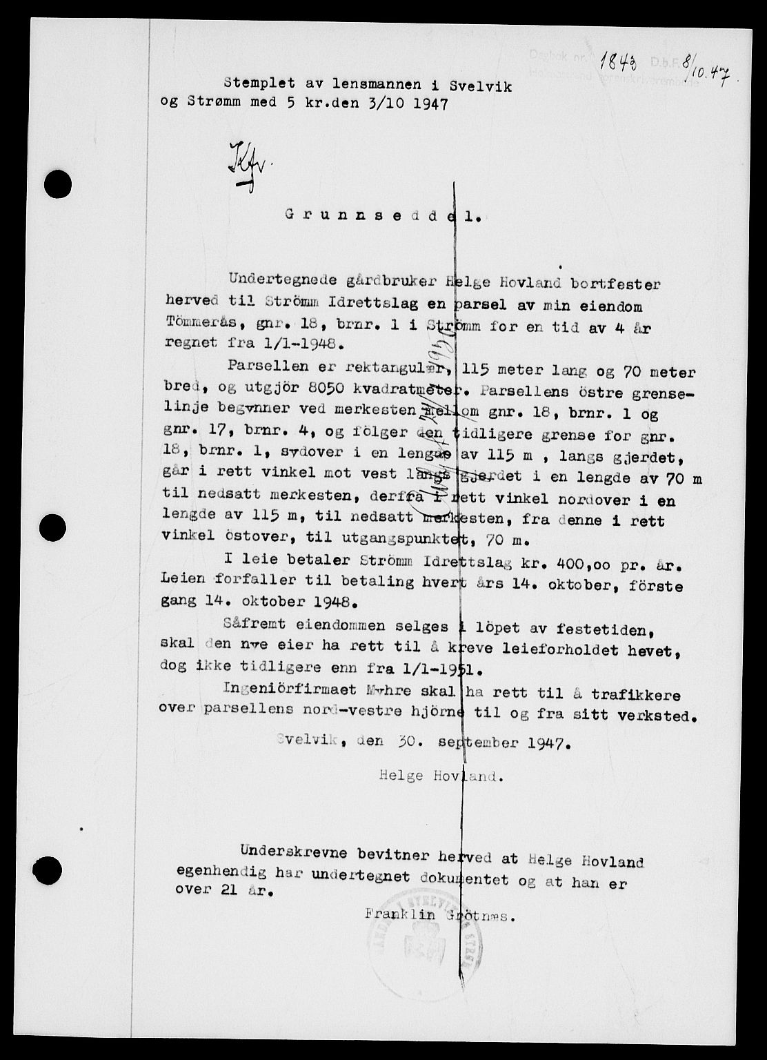 Holmestrand sorenskriveri, SAKO/A-67/G/Ga/Gaa/L0062: Pantebok nr. A-62, 1947-1947, Dagboknr: 1843/1947