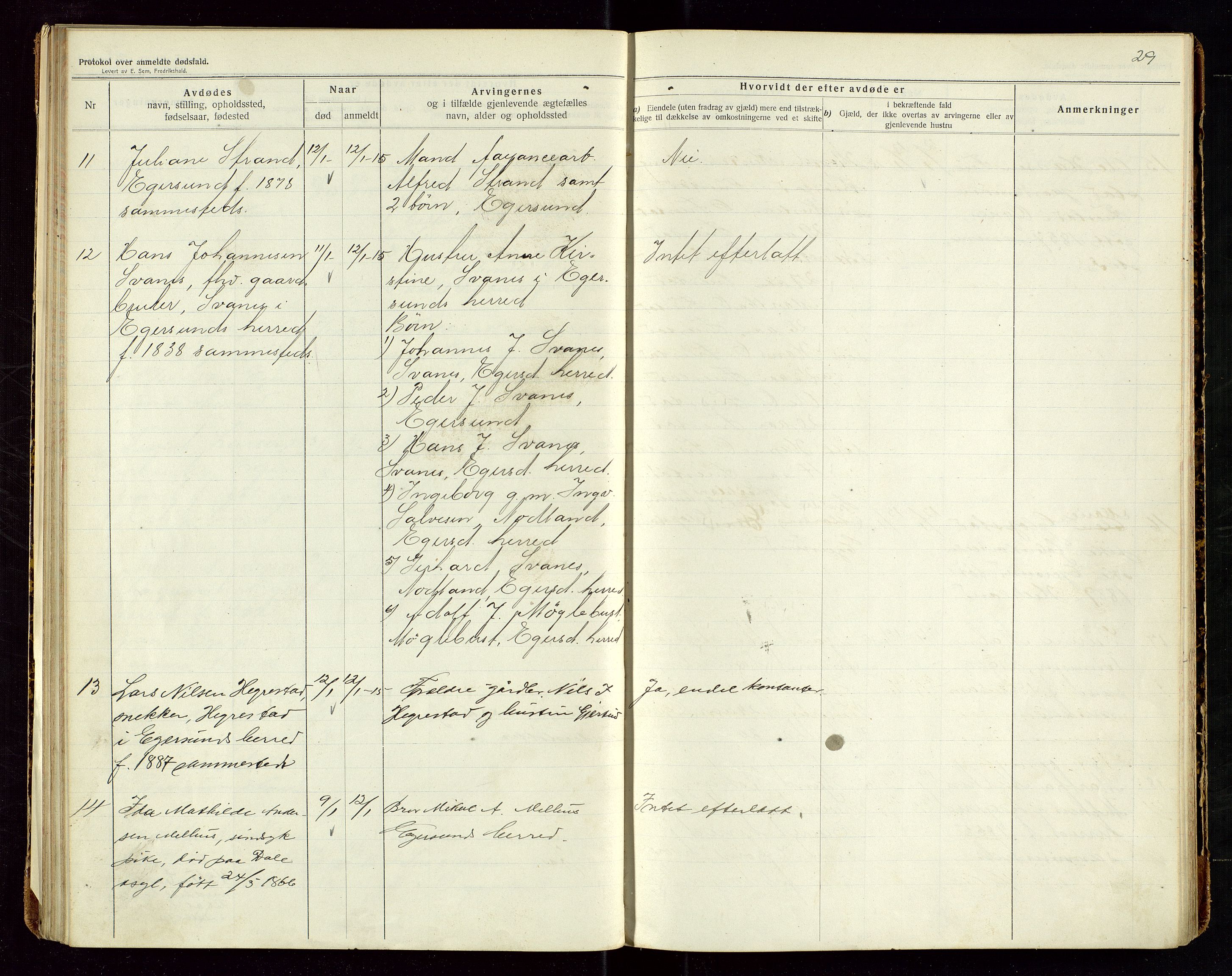 Eigersund lensmannskontor, SAST/A-100171/Gga/L0006: "Protokol over anmeldte dødsfald" m/alfabetisk navneregister, 1914-1917, s. 29