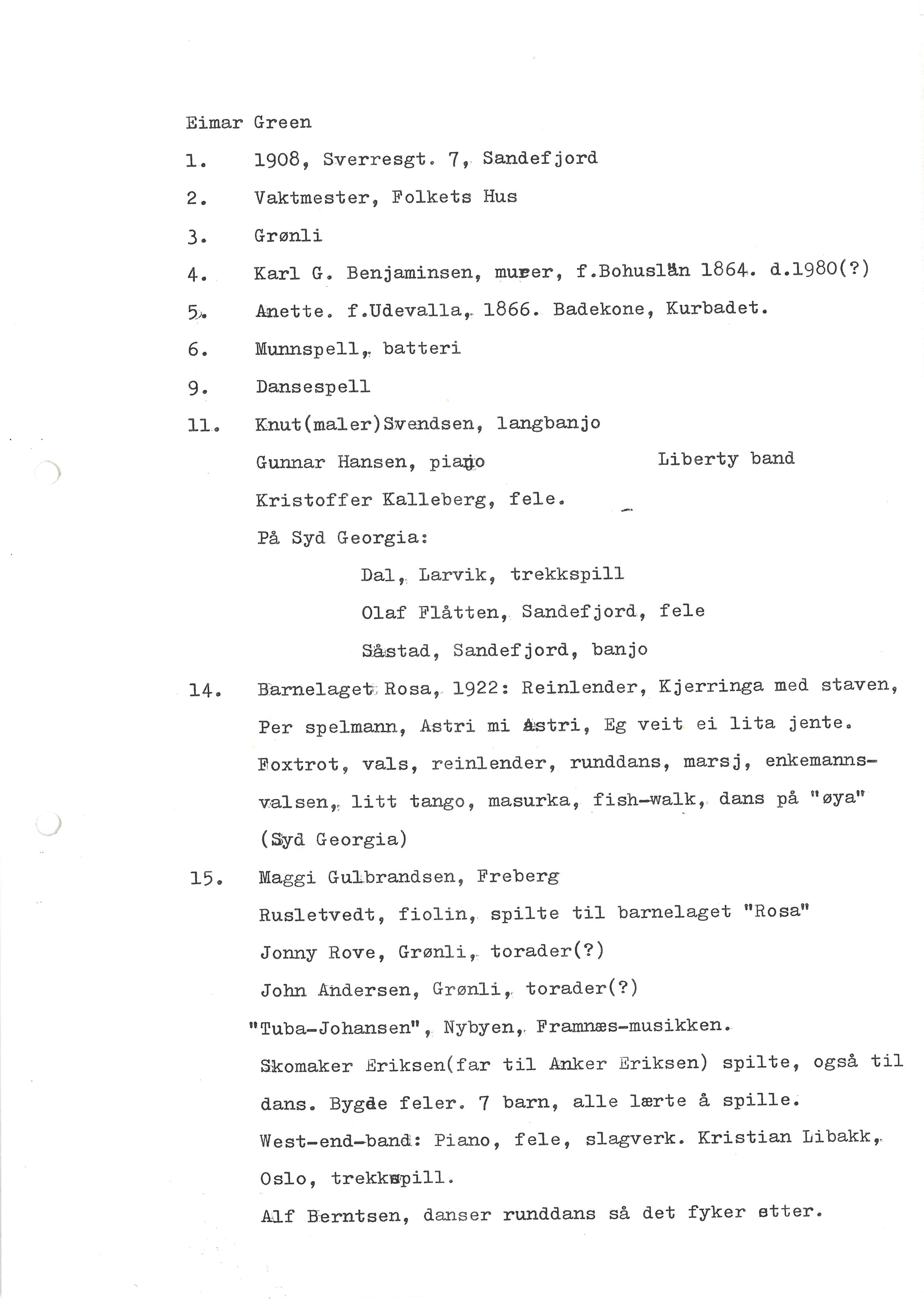 Sa 16 - Folkemusikk fra Vestfold, Gjerdesamlingen, VEMU/A-1868/I/L0001: Informantregister med intervjunedtegnelser, 1979-1986