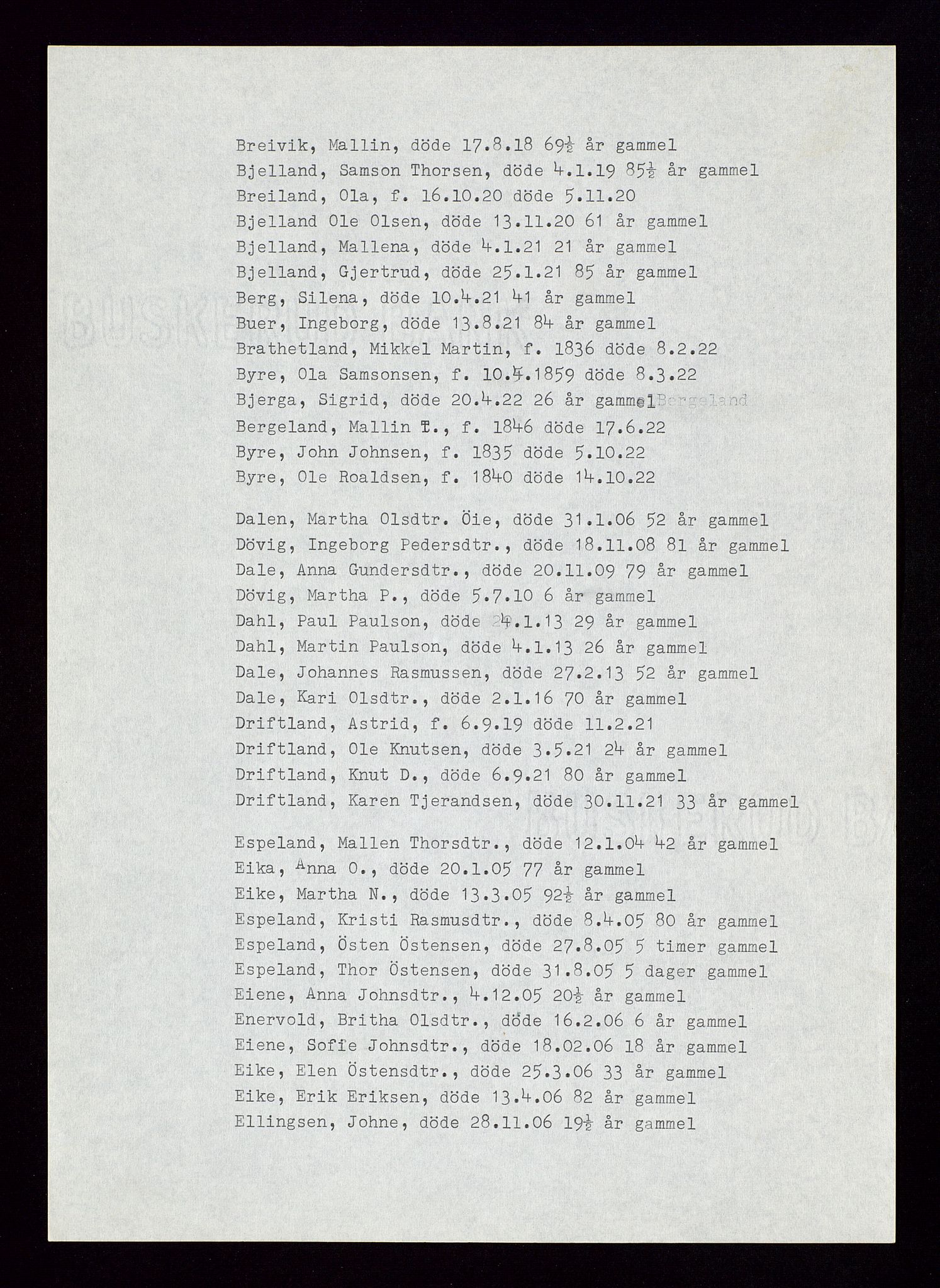 Hjelmeland lensmannskontor, AV/SAST-A-100439/Gga/L0001: "Register til dødsfallprotokollene i Hjelmeland", 1903-1962, s. 6