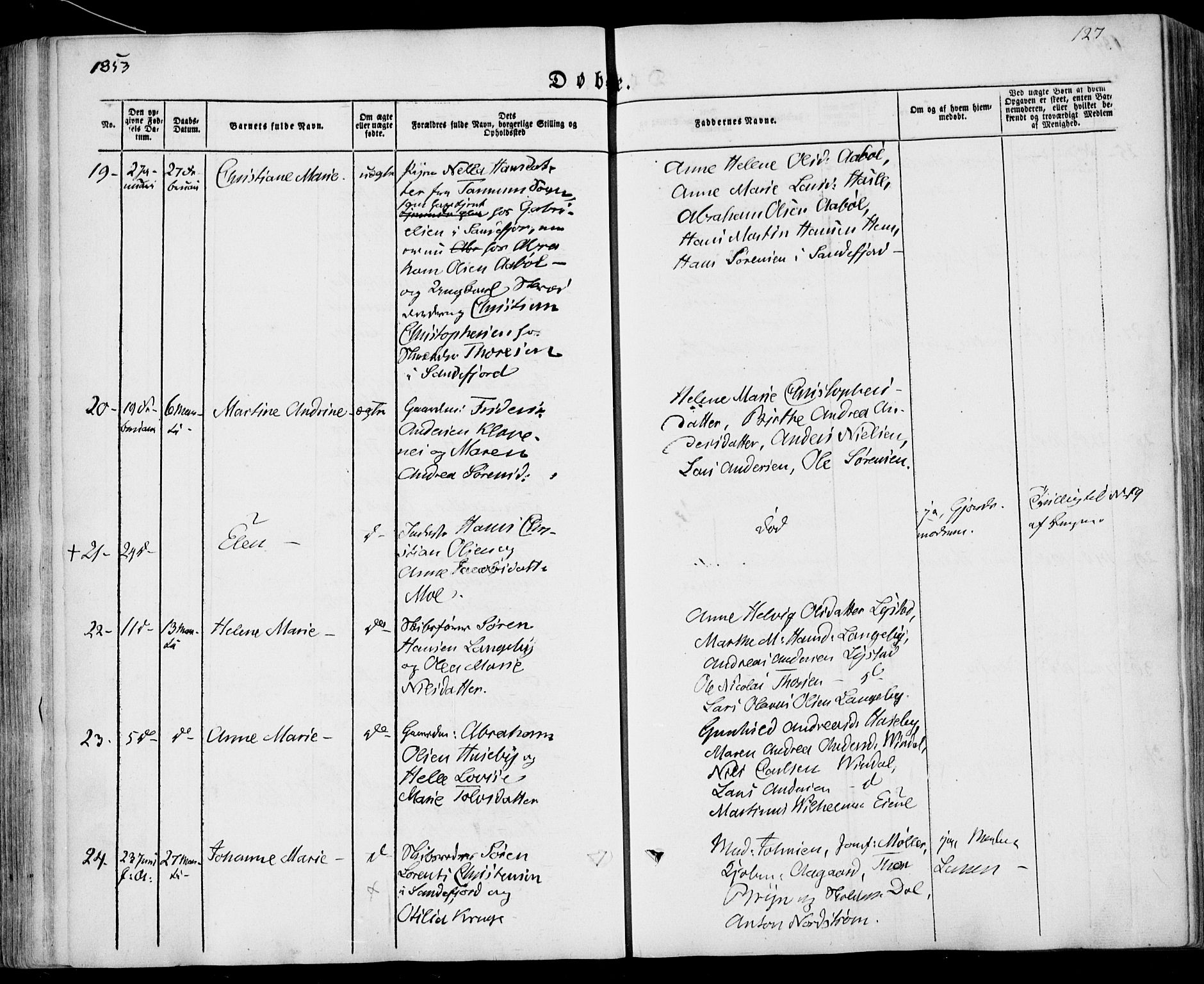 Sandar kirkebøker, AV/SAKO-A-243/F/Fa/L0006: Ministerialbok nr. 6, 1847-1860, s. 127