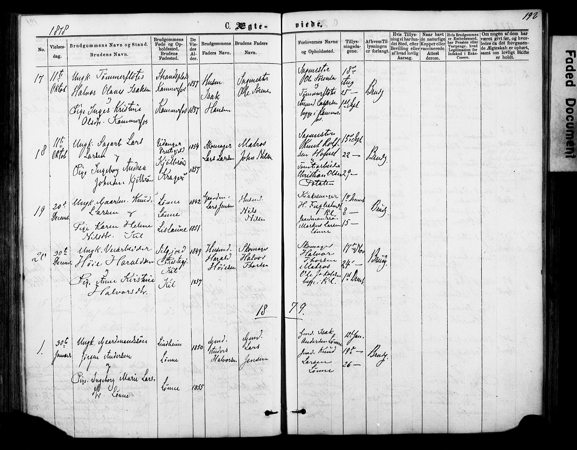 Sannidal kirkebøker, AV/SAKO-A-296/F/Fa/L0014: Ministerialbok nr. 14, 1874-1883, s. 192
