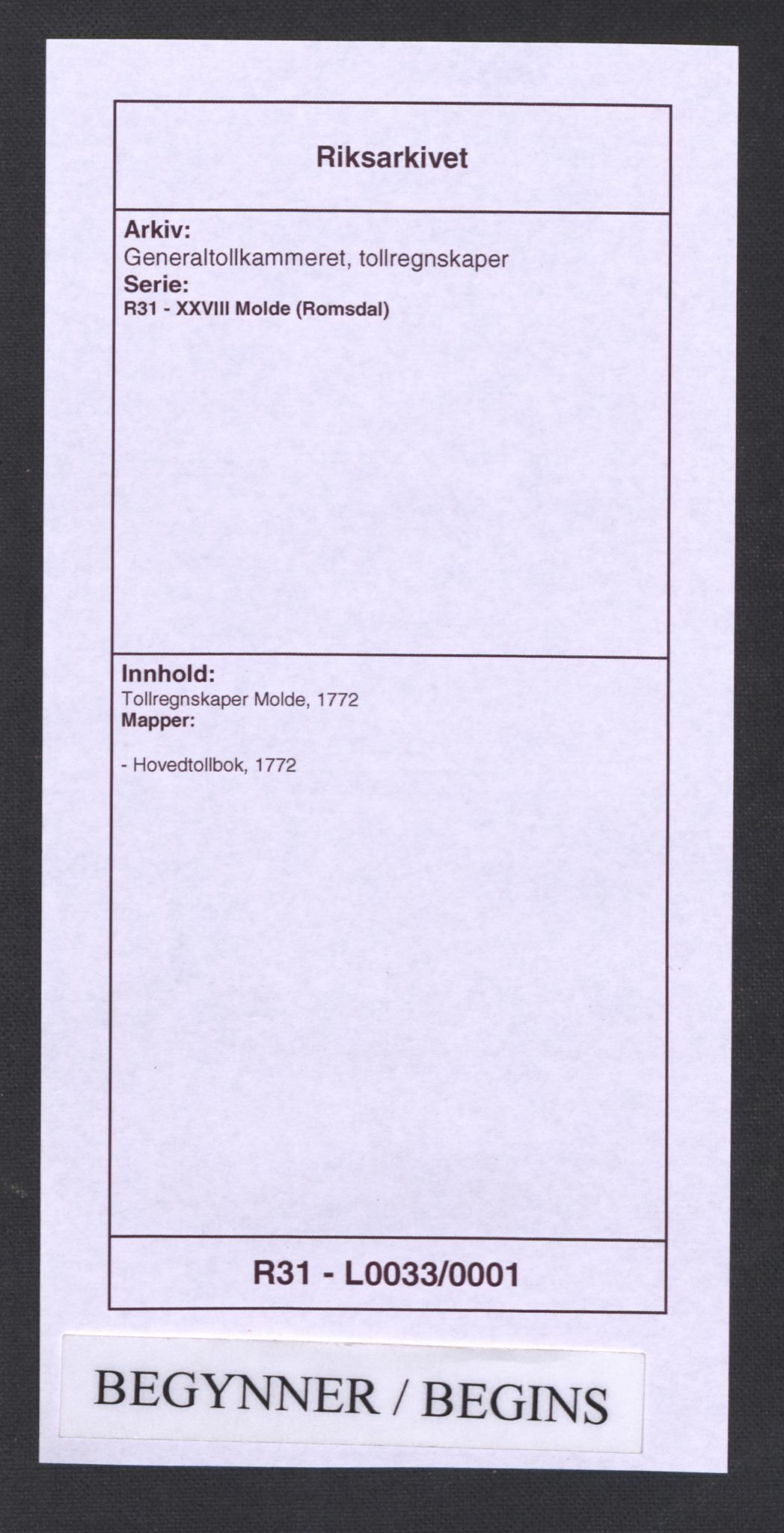 Generaltollkammeret, tollregnskaper, RA/EA-5490/R31/L0033/0001: Tollregnskaper Molde / Hovedtollbok, 1772