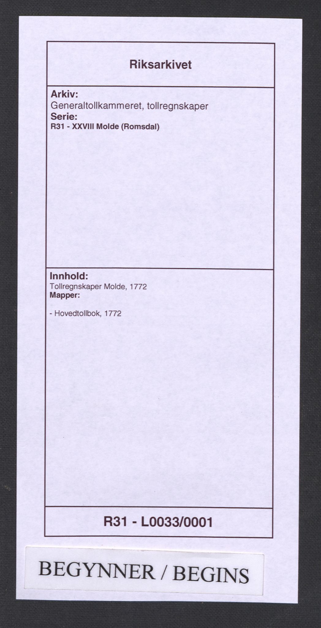 Generaltollkammeret, tollregnskaper, AV/RA-EA-5490/R31/L0033/0001: Tollregnskaper Molde / Hovedtollbok, 1772