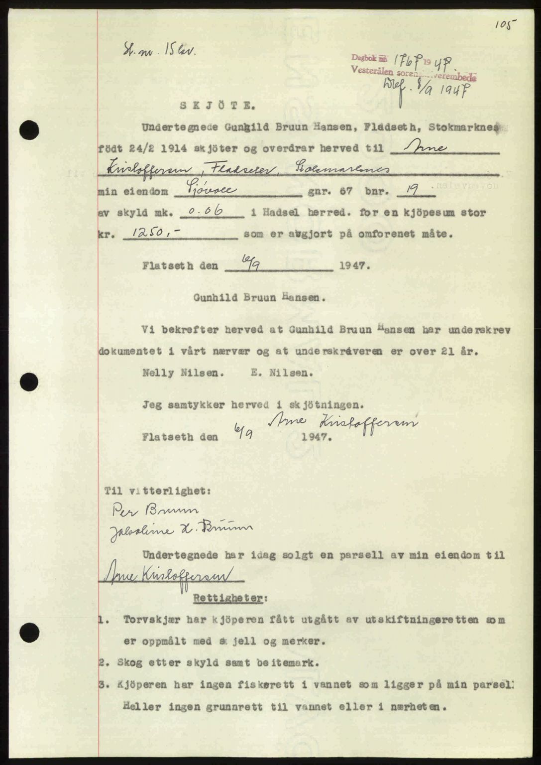 Vesterålen sorenskriveri, SAT/A-4180/1/2/2Ca: Pantebok nr. A21, 1947-1947, Dagboknr: 1767/1947