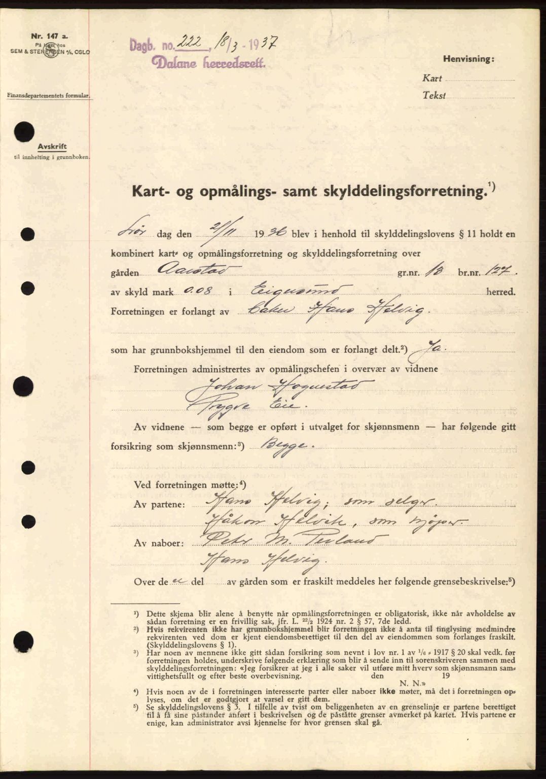 Dalane sorenskriveri, SAST/A-100309/02/G/Gb/L0041: Pantebok nr. A2, 1936-1937, Dagboknr: 222/1937