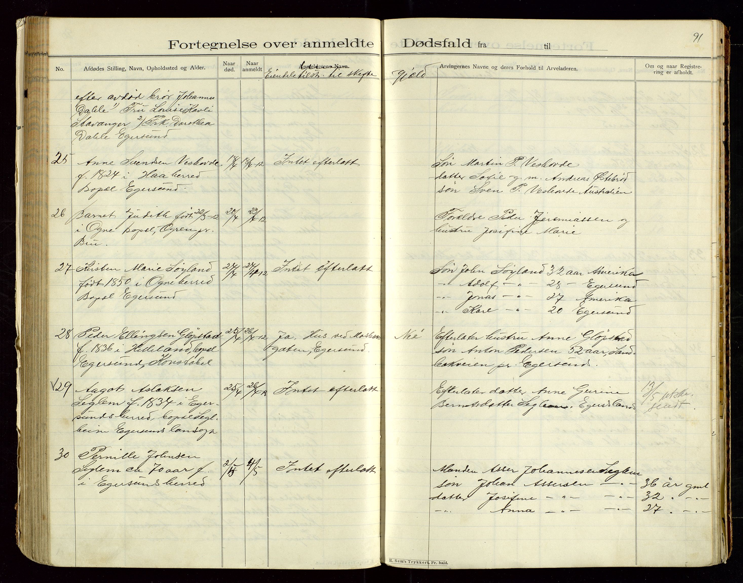 Eigersund lensmannskontor, AV/SAST-A-100171/Gga/L0005: "Dødsfalds-Protokol" m/alfabetisk navneregister, 1905-1913, s. 91