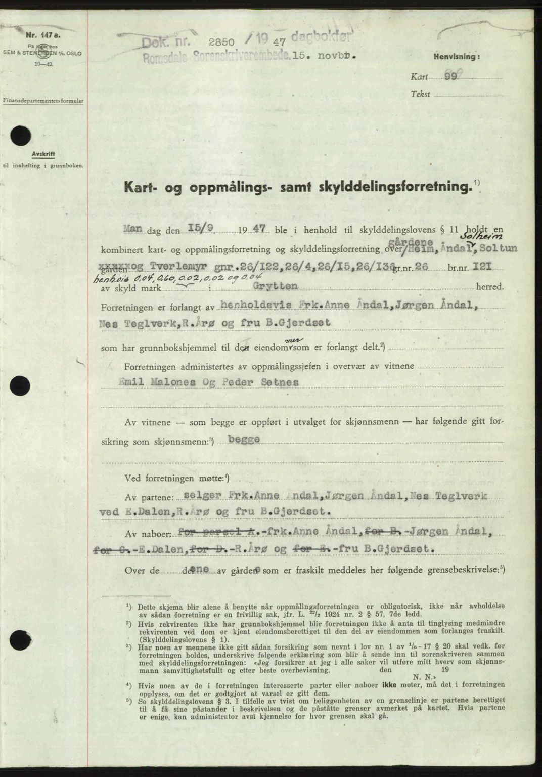 Romsdal sorenskriveri, AV/SAT-A-4149/1/2/2C: Pantebok nr. A24, 1947-1947, Dagboknr: 2850/1947