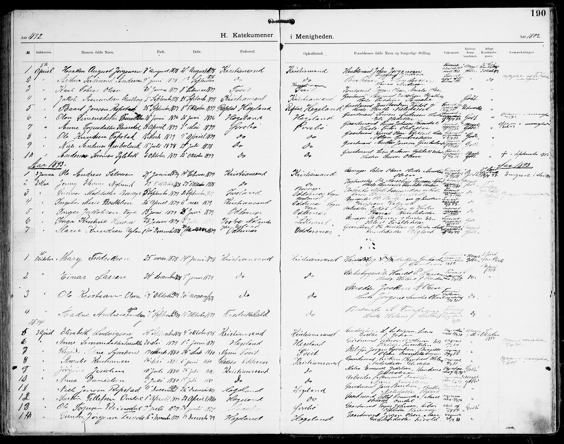 Den evangelisk-lutherske frikirke, Kristiansand, AV/SAK-1292-0017/F/Fa/L0003: Dissenterprotokoll nr. F 11, 1892-1925, s. 190