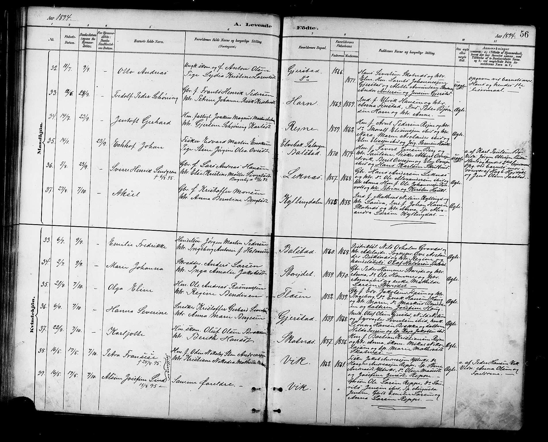 Ministerialprotokoller, klokkerbøker og fødselsregistre - Nordland, SAT/A-1459/881/L1167: Klokkerbok nr. 881C04, 1886-1899, s. 56