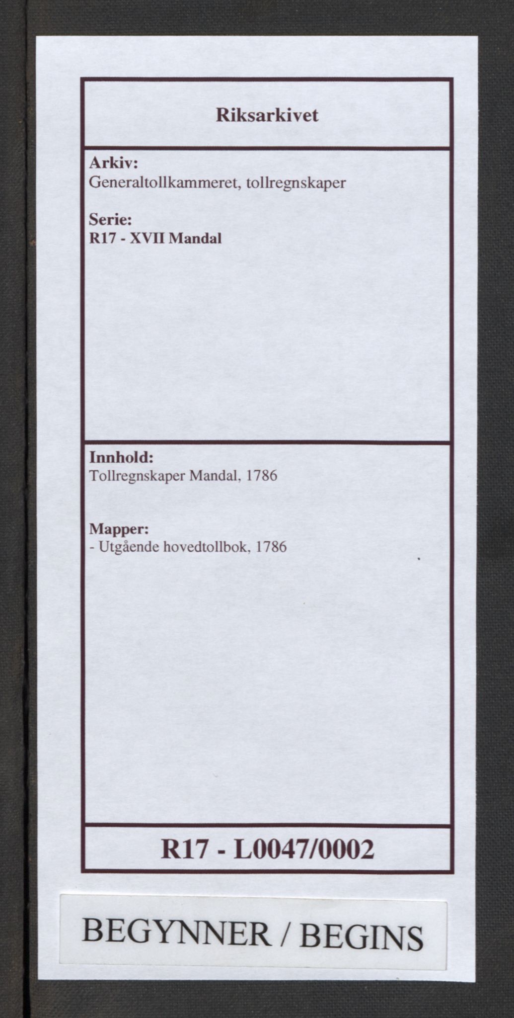 Generaltollkammeret, tollregnskaper, RA/EA-5490/R17/L0047/0002: Tollregnskaper Mandal / Utgående hovedtollbok, 1786