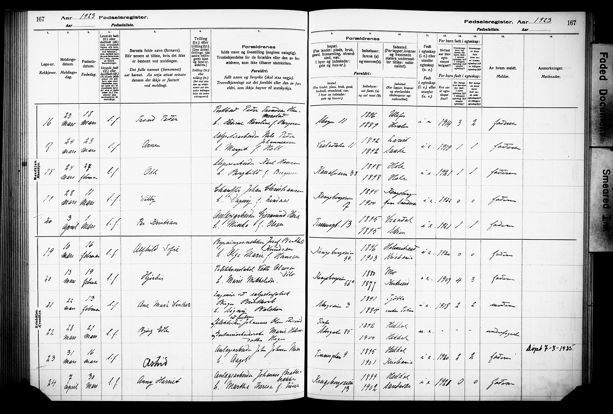 Notodden kirkebøker, AV/SAKO-A-290/J/Ja/L0001: Fødselsregister nr. 1, 1916-1924, s. 167