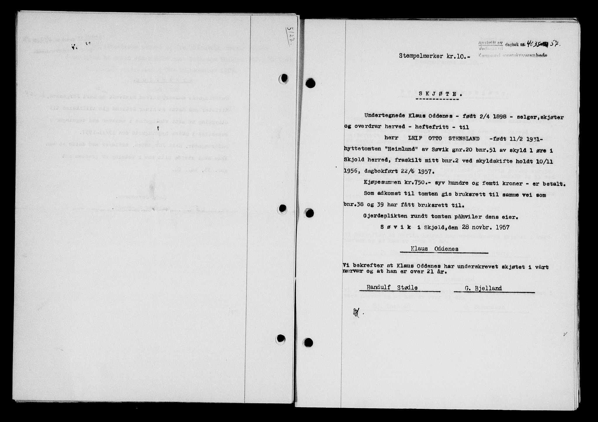 Karmsund sorenskriveri, SAST/A-100311/01/II/IIB/L0127: Pantebok nr. 107A, 1957-1958, Dagboknr: 4035/1957