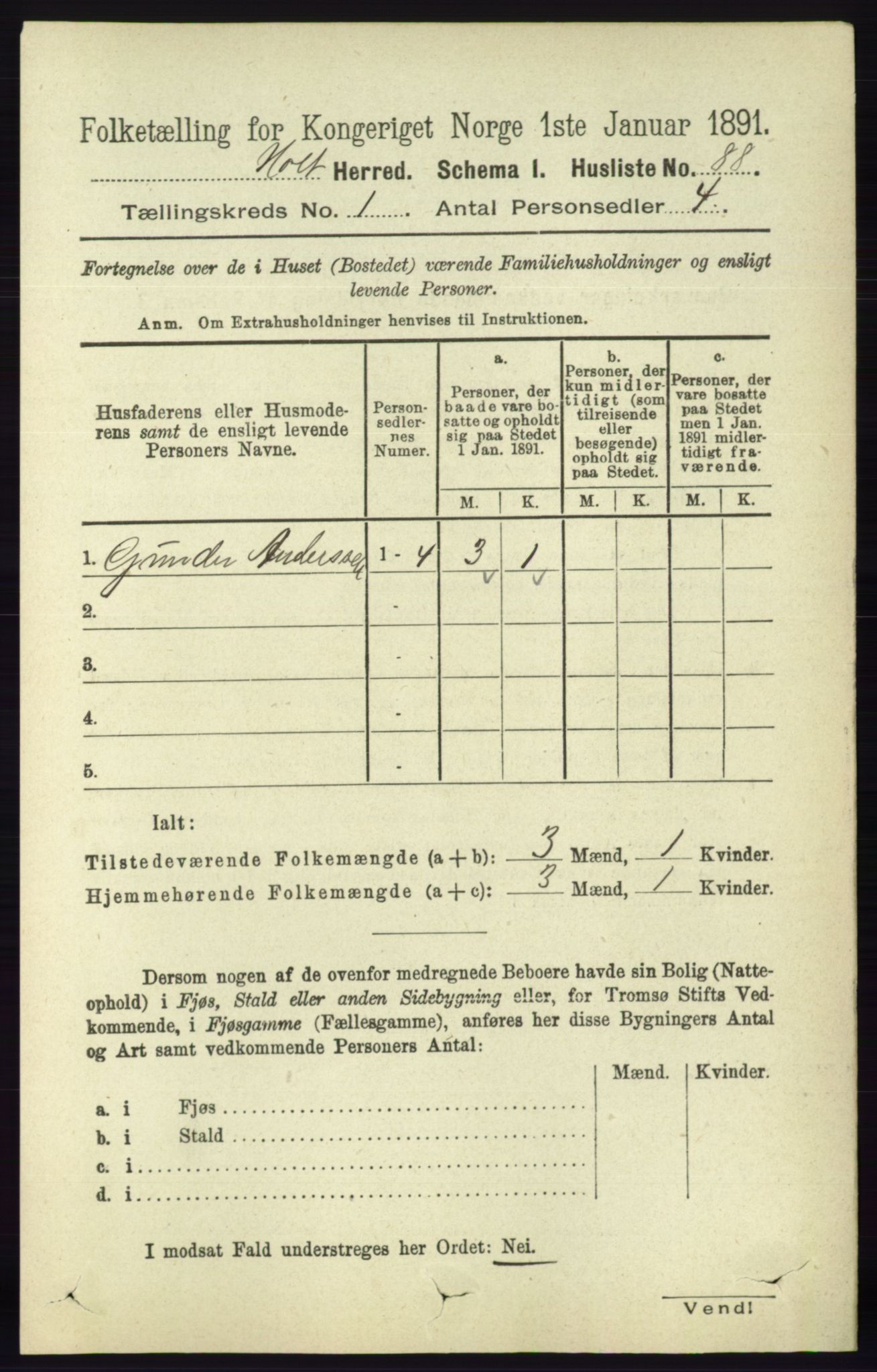 RA, Folketelling 1891 for 0914 Holt herred, 1891, s. 121