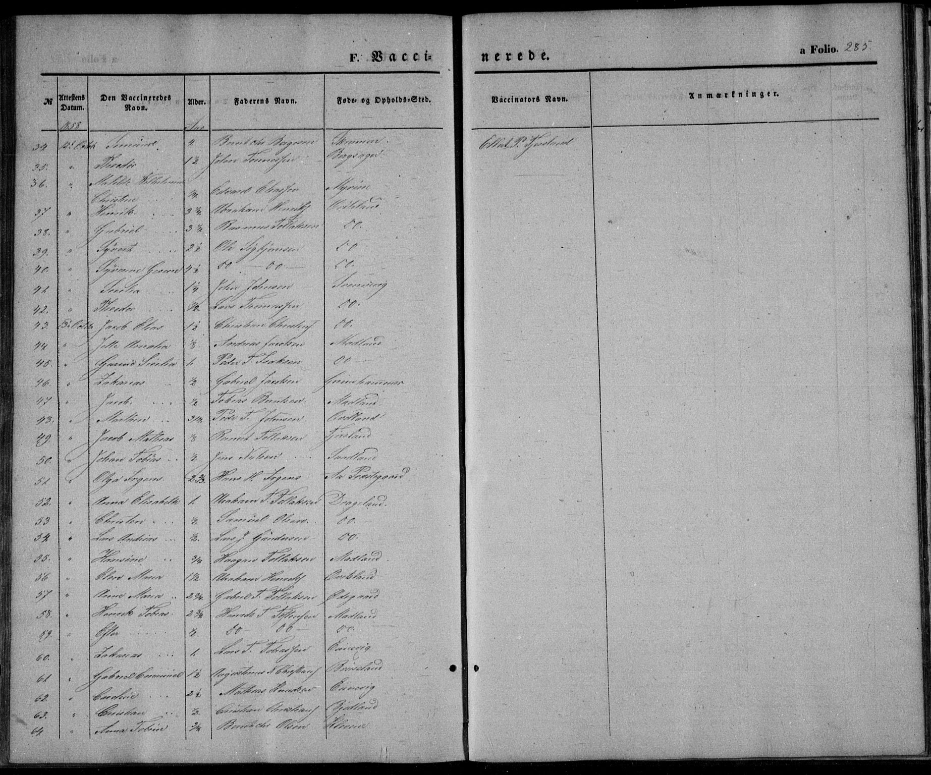 Lyngdal sokneprestkontor, AV/SAK-1111-0029/F/Fa/Fac/L0009: Ministerialbok nr. A 9, 1852-1864, s. 285