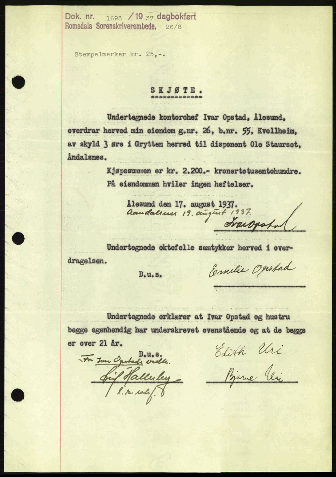 Romsdal sorenskriveri, SAT/A-4149/1/2/2C: Pantebok nr. A3, 1937-1937, Dagboknr: 1693/1937