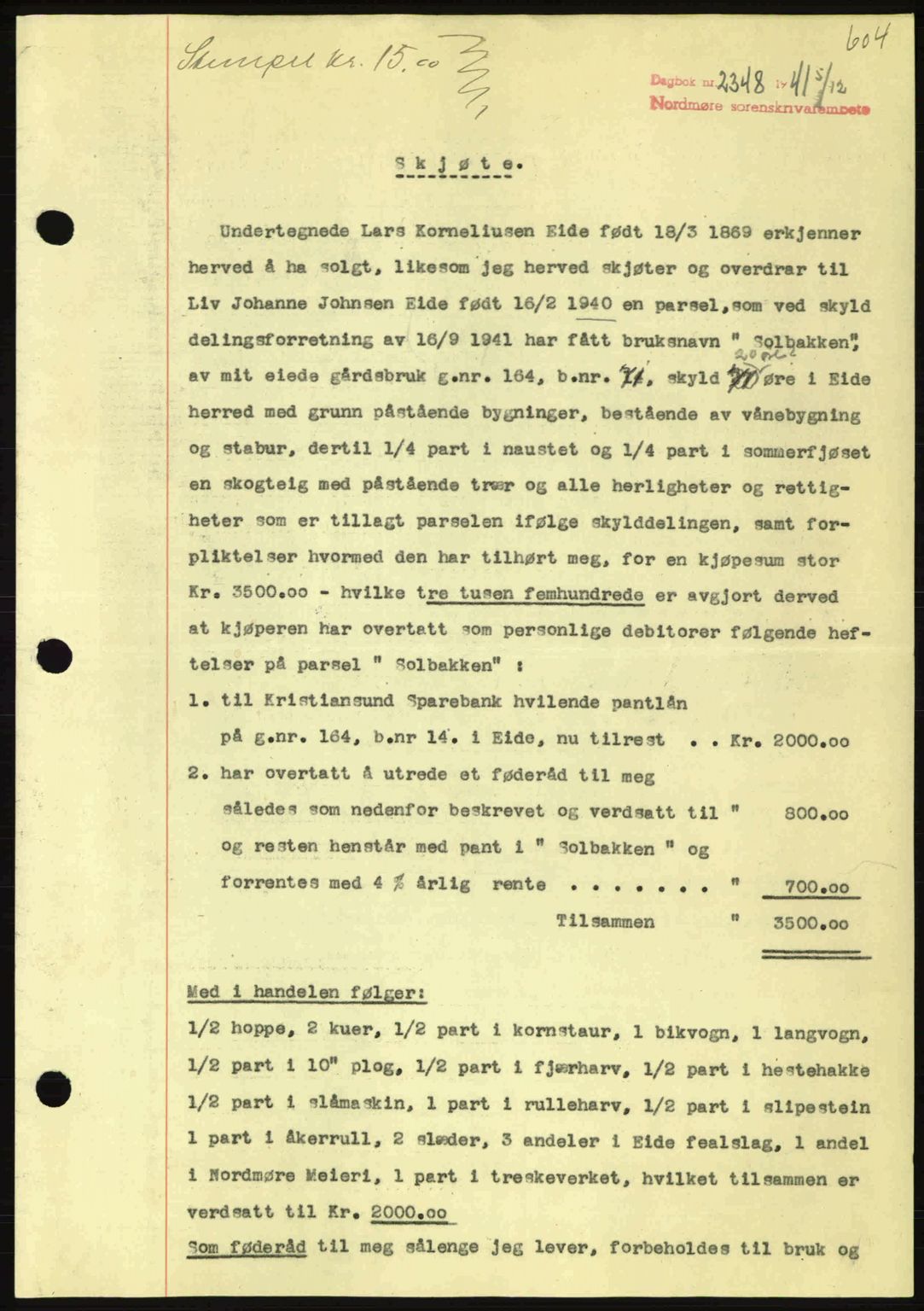 Nordmøre sorenskriveri, AV/SAT-A-4132/1/2/2Ca: Pantebok nr. A91, 1941-1942, Dagboknr: 2348/1941