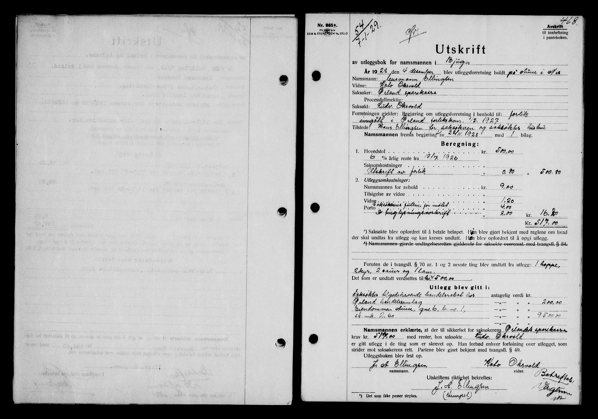 Fosen sorenskriveri, AV/SAT-A-1107/1/2/2C/L0067: Pantebok nr. 58, 1928-1929, s. 468, Tingl.dato: 07.01.1929