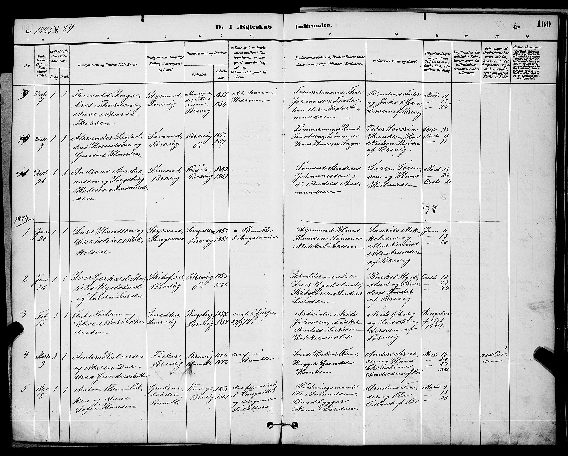 Brevik kirkebøker, AV/SAKO-A-255/G/Ga/L0004: Klokkerbok nr. 4, 1882-1900, s. 169