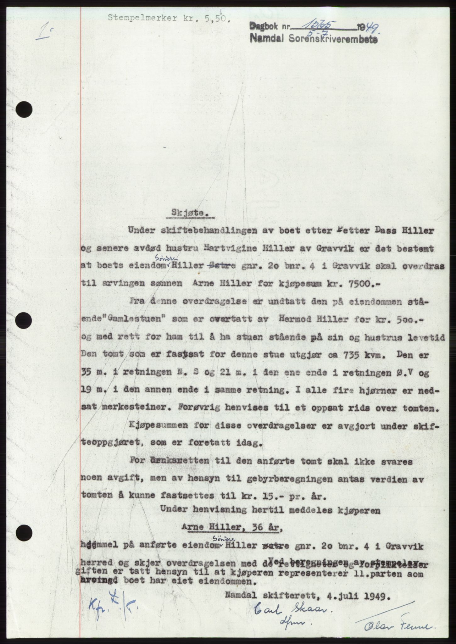 Namdal sorenskriveri, SAT/A-4133/1/2/2C: Pantebok nr. -, 1949-1949, Dagboknr: 1565/1949