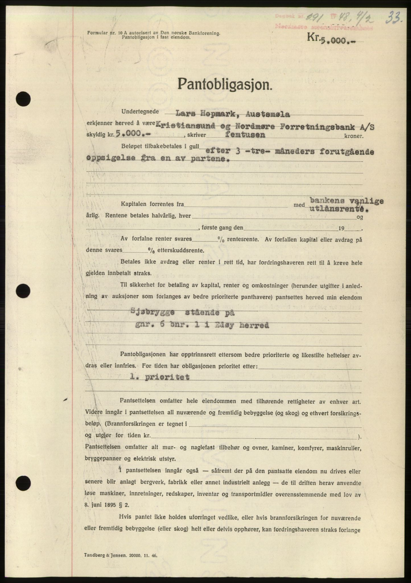 Nordmøre sorenskriveri, SAT/A-4132/1/2/2Ca: Pantebok nr. B98, 1948-1948, Dagboknr: 291/1948