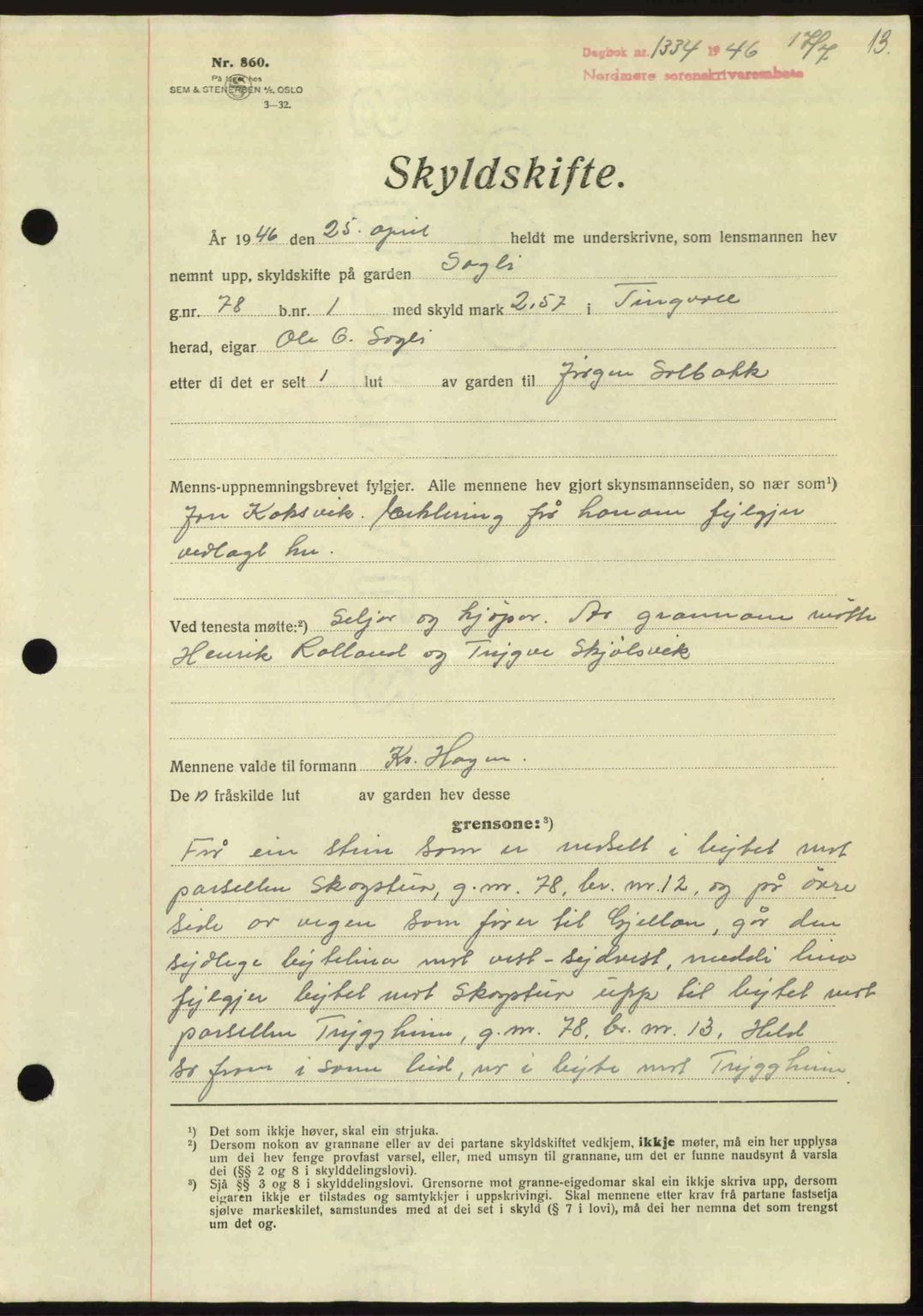 Nordmøre sorenskriveri, SAT/A-4132/1/2/2Ca: Pantebok nr. A102, 1946-1946, Dagboknr: 1334/1946