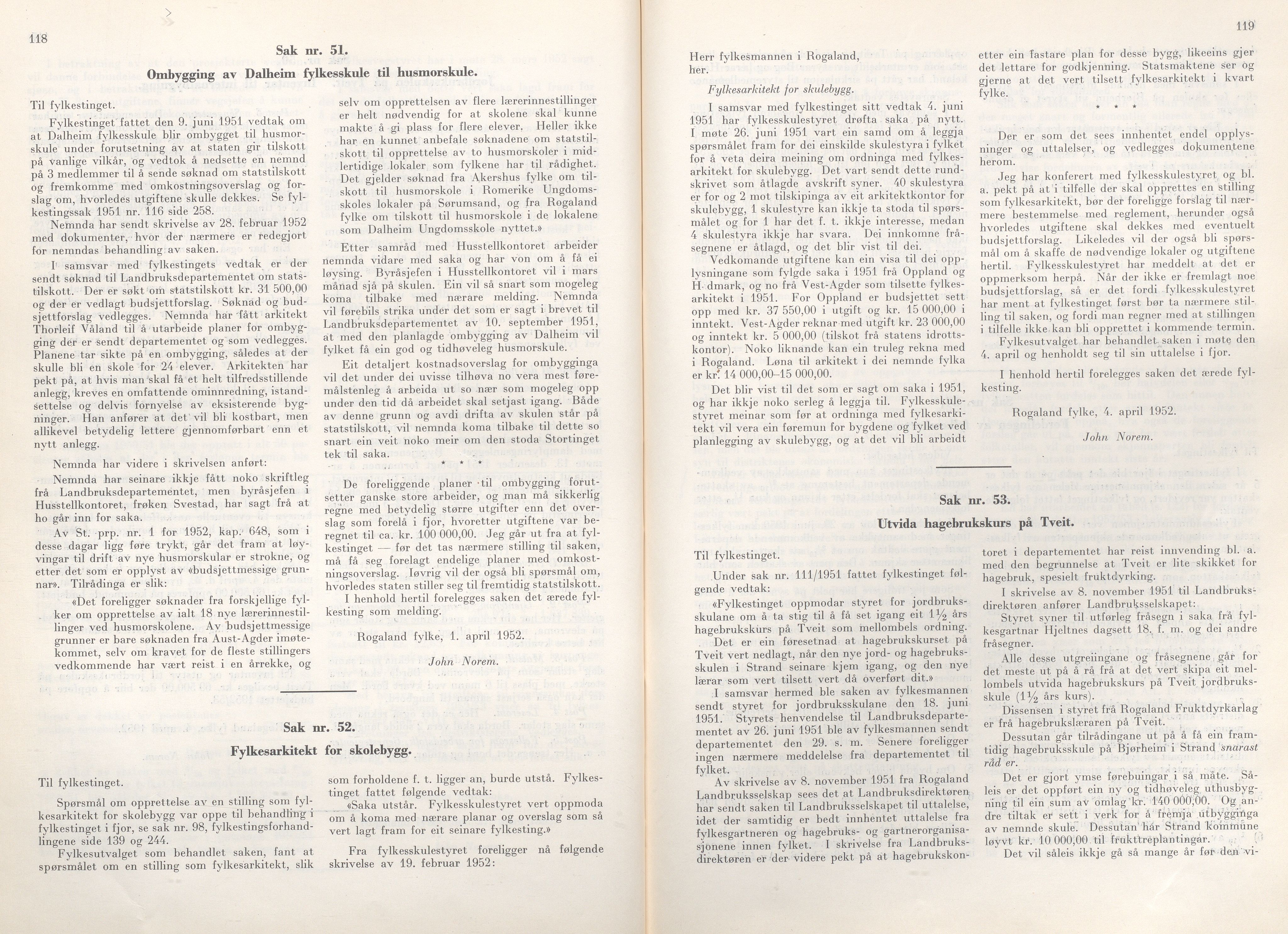 Rogaland fylkeskommune - Fylkesrådmannen , IKAR/A-900/A/Aa/Aaa/L0071: Møtebok , 1952, s. 118-119