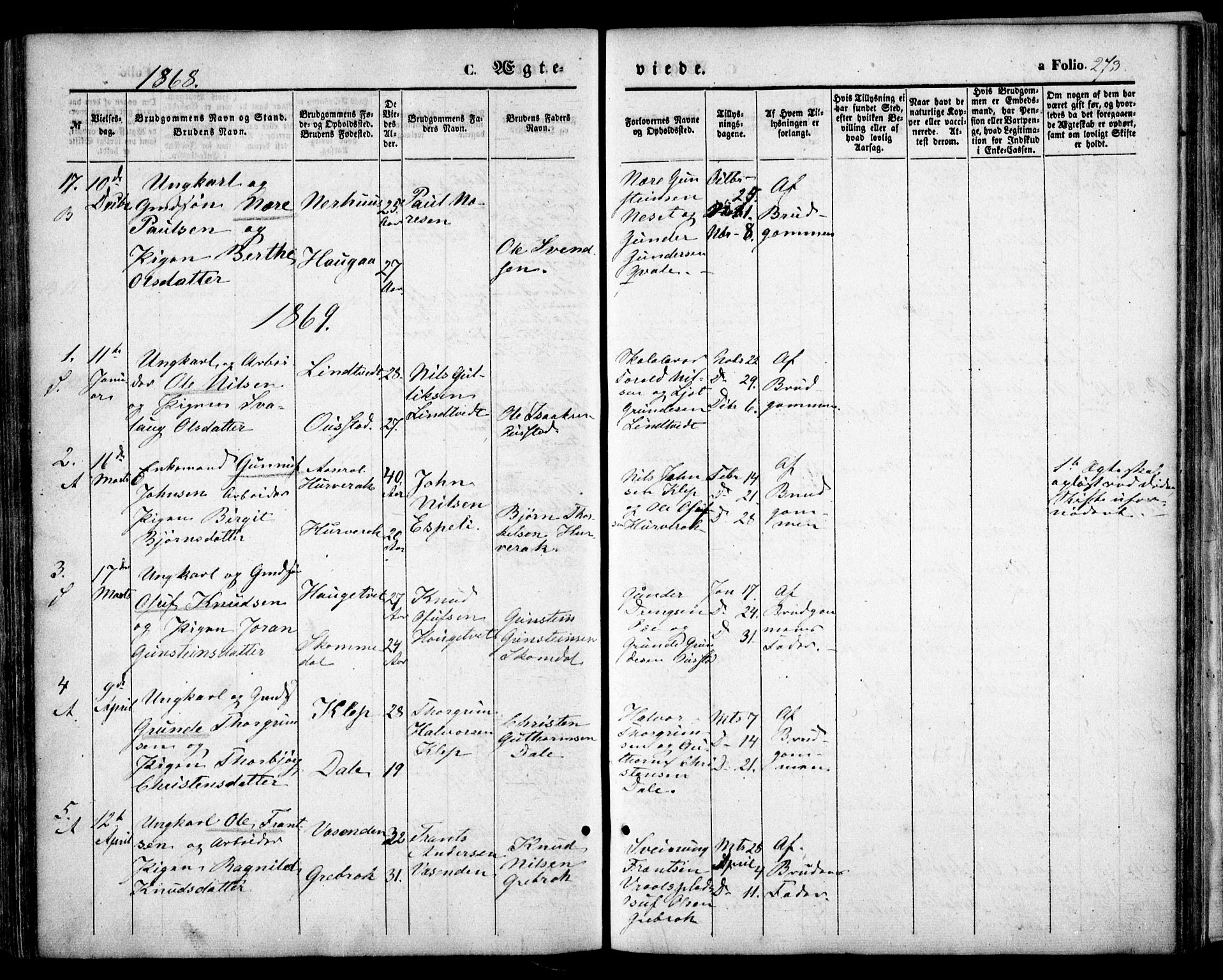 Bygland sokneprestkontor, AV/SAK-1111-0006/F/Fa/Fab/L0005: Ministerialbok nr. A 5, 1859-1873, s. 273