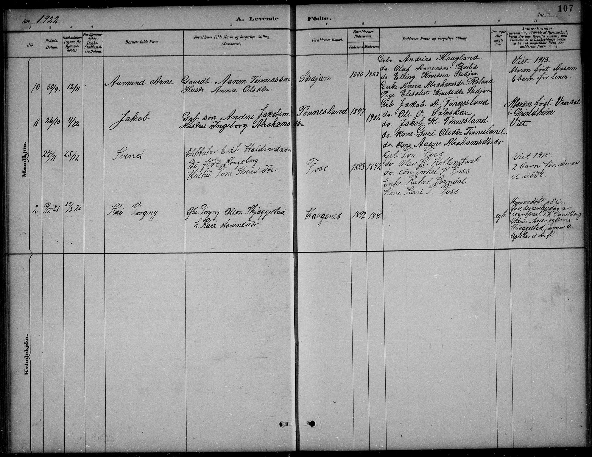 Bjelland sokneprestkontor, AV/SAK-1111-0005/F/Fb/Fba/L0005: Klokkerbok nr. B 5, 1887-1923, s. 107