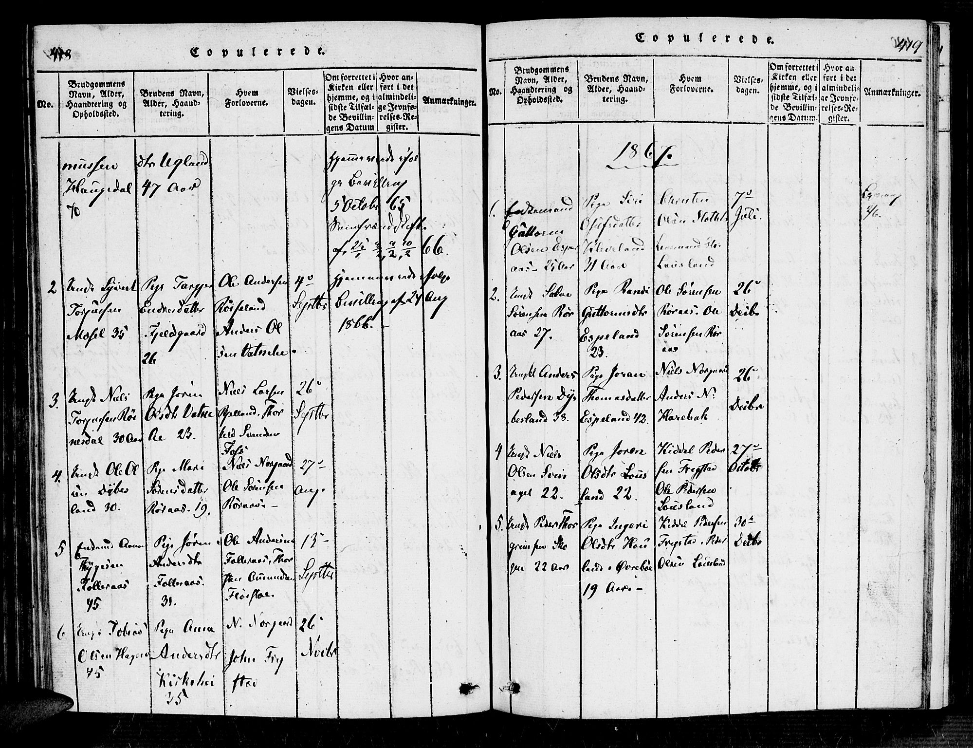 Bjelland sokneprestkontor, SAK/1111-0005/F/Fa/Fab/L0002: Ministerialbok nr. A 2, 1816-1869, s. 418-419