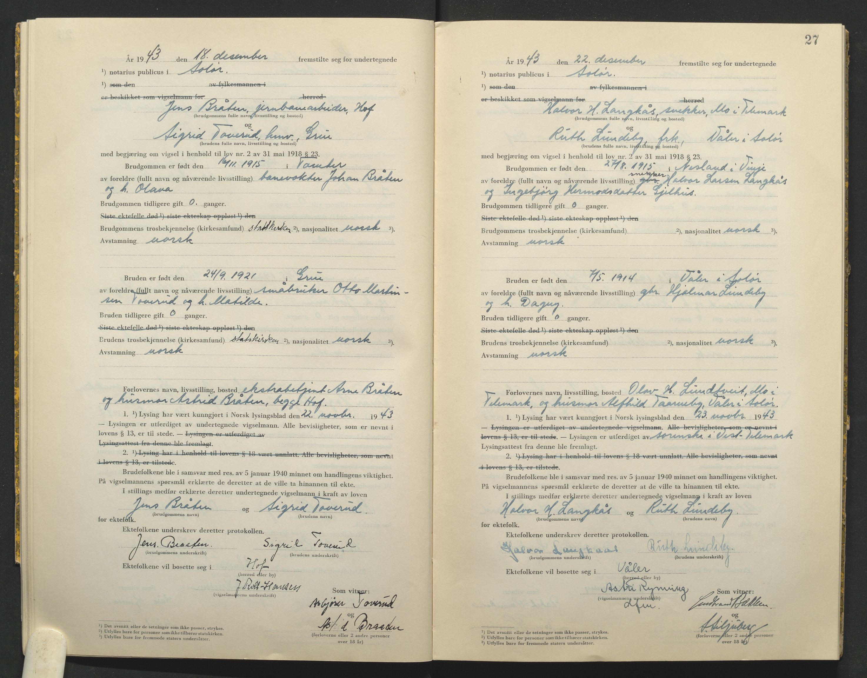 Solør tingrett, AV/SAH-TING-008/L/Lb/L0002: Vigselprotokoll, 1943-1944, s. 27
