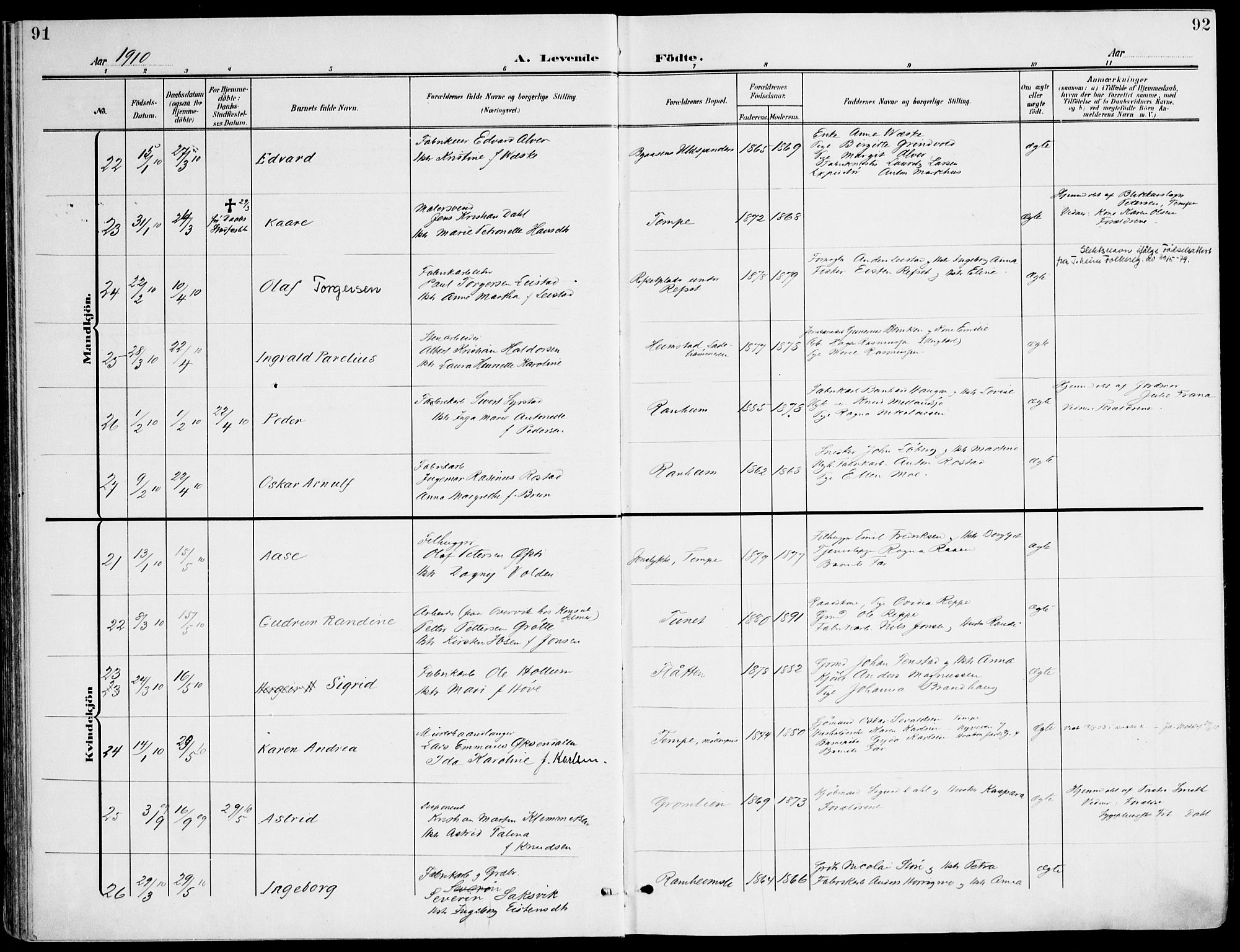 Ministerialprotokoller, klokkerbøker og fødselsregistre - Sør-Trøndelag, SAT/A-1456/607/L0320: Ministerialbok nr. 607A04, 1907-1915, s. 91-92