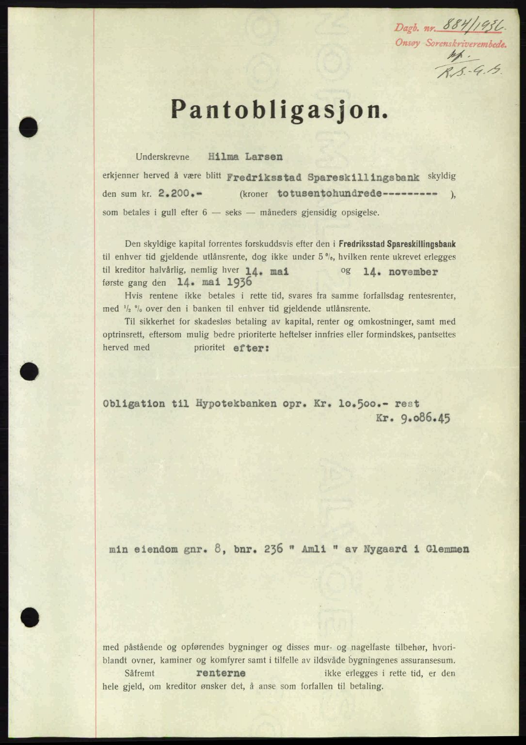 Onsøy sorenskriveri, SAO/A-10474/G/Ga/Gac/L0001: Pantebok nr. B1, 1936-1938, Dagboknr: 884/1936