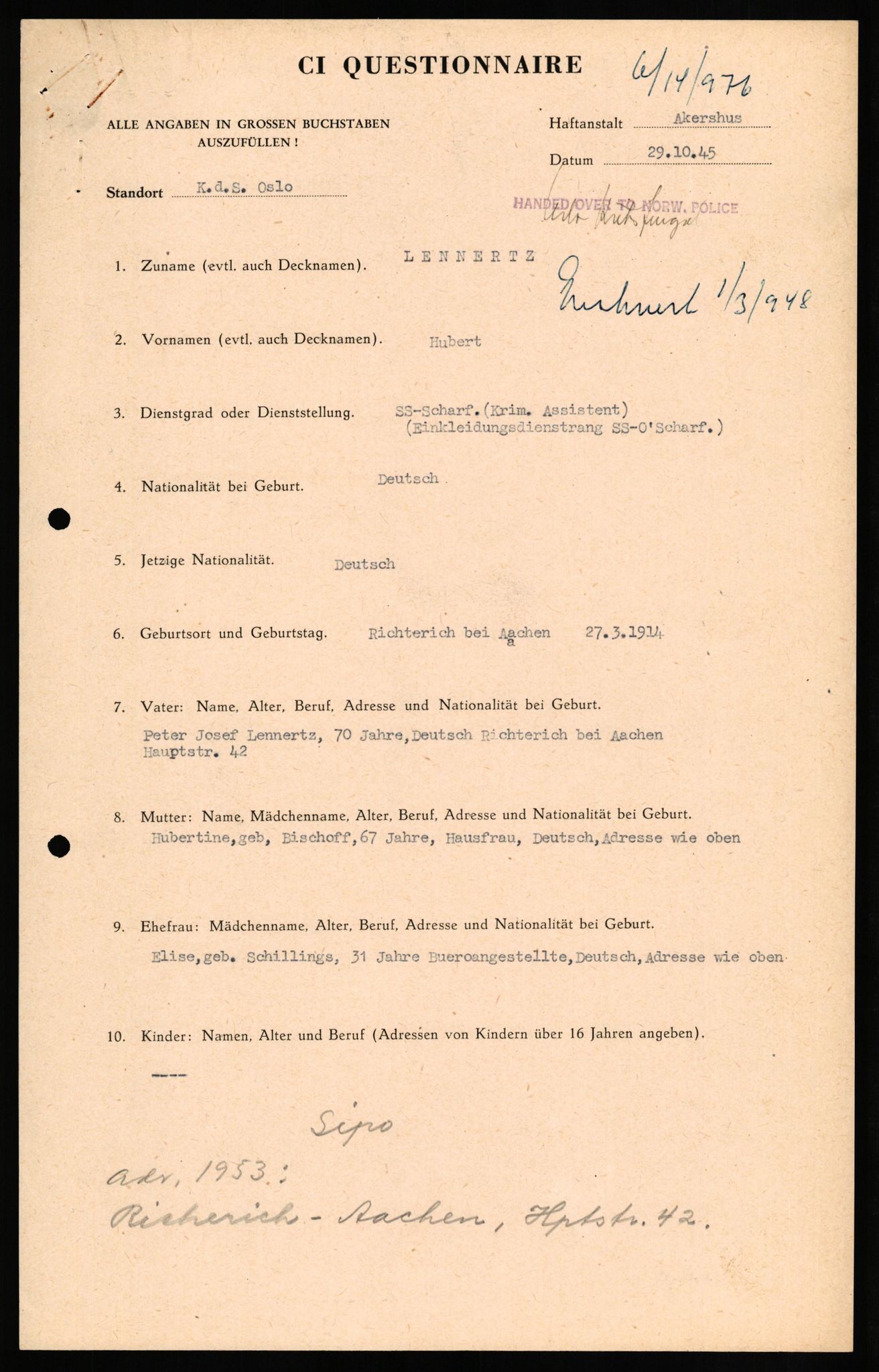 Forsvaret, Forsvarets overkommando II, AV/RA-RAFA-3915/D/Db/L0020: CI Questionaires. Tyske okkupasjonsstyrker i Norge. Tyskere., 1945-1946, s. 91