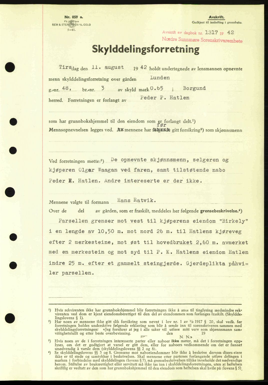 Nordre Sunnmøre sorenskriveri, SAT/A-0006/1/2/2C/2Ca: Pantebok nr. A14, 1942-1942, Dagboknr: 1317/1942