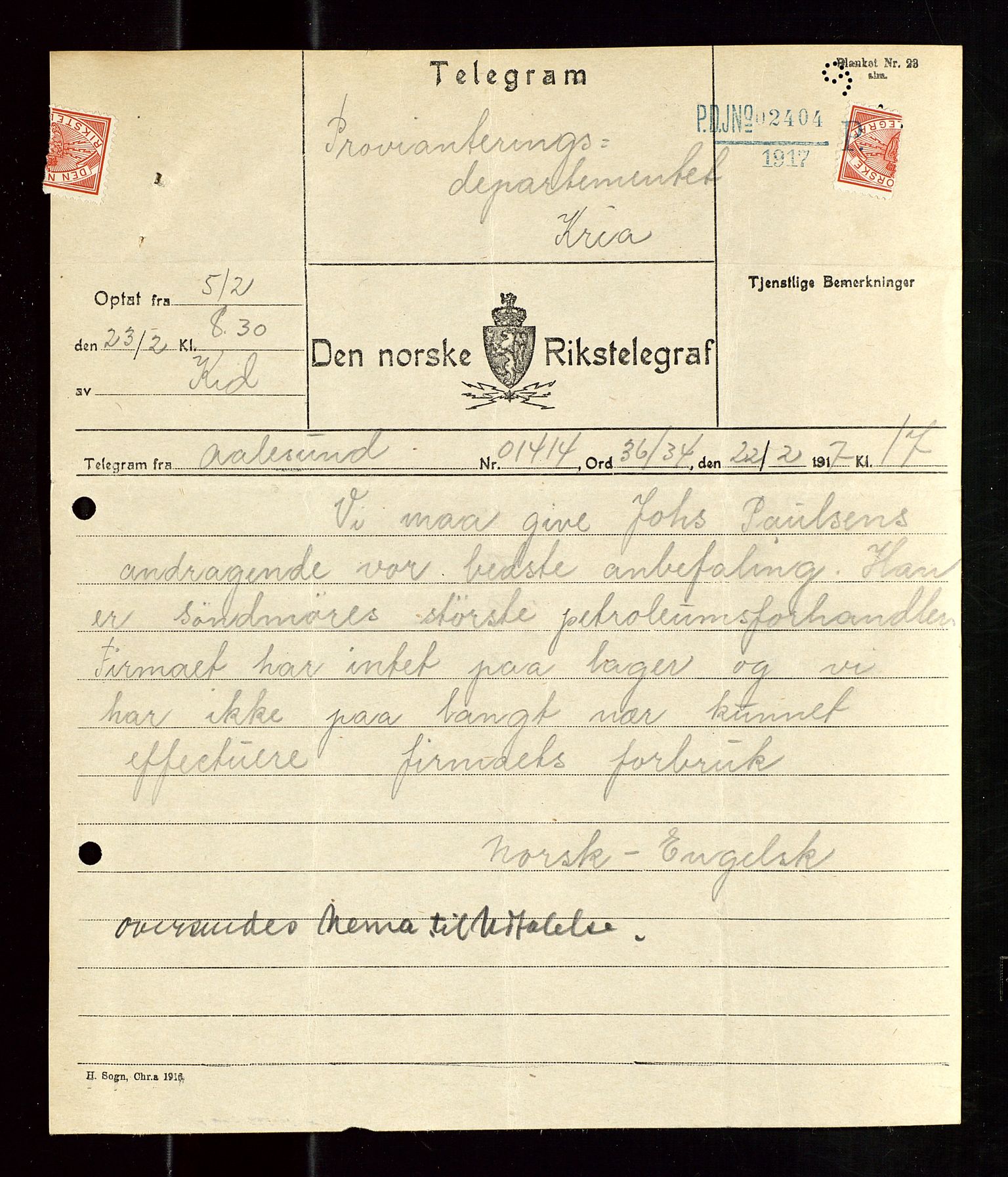 Pa 1521 - A/S Norske Shell, AV/SAST-A-101915/E/Ea/Eaa/L0020: Sjefskorrespondanse, 1917, s. 495