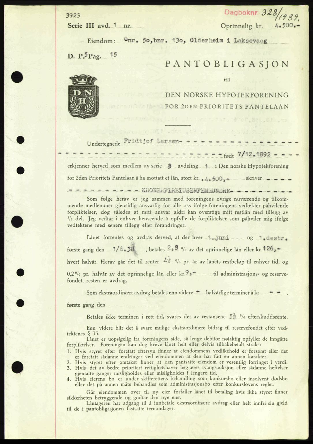 Midhordland sorenskriveri, SAB/A-3001/1/G/Gb/Gbo/L0002: Pantebok nr. B8-13, 1939-1941, Dagboknr: 328/1939