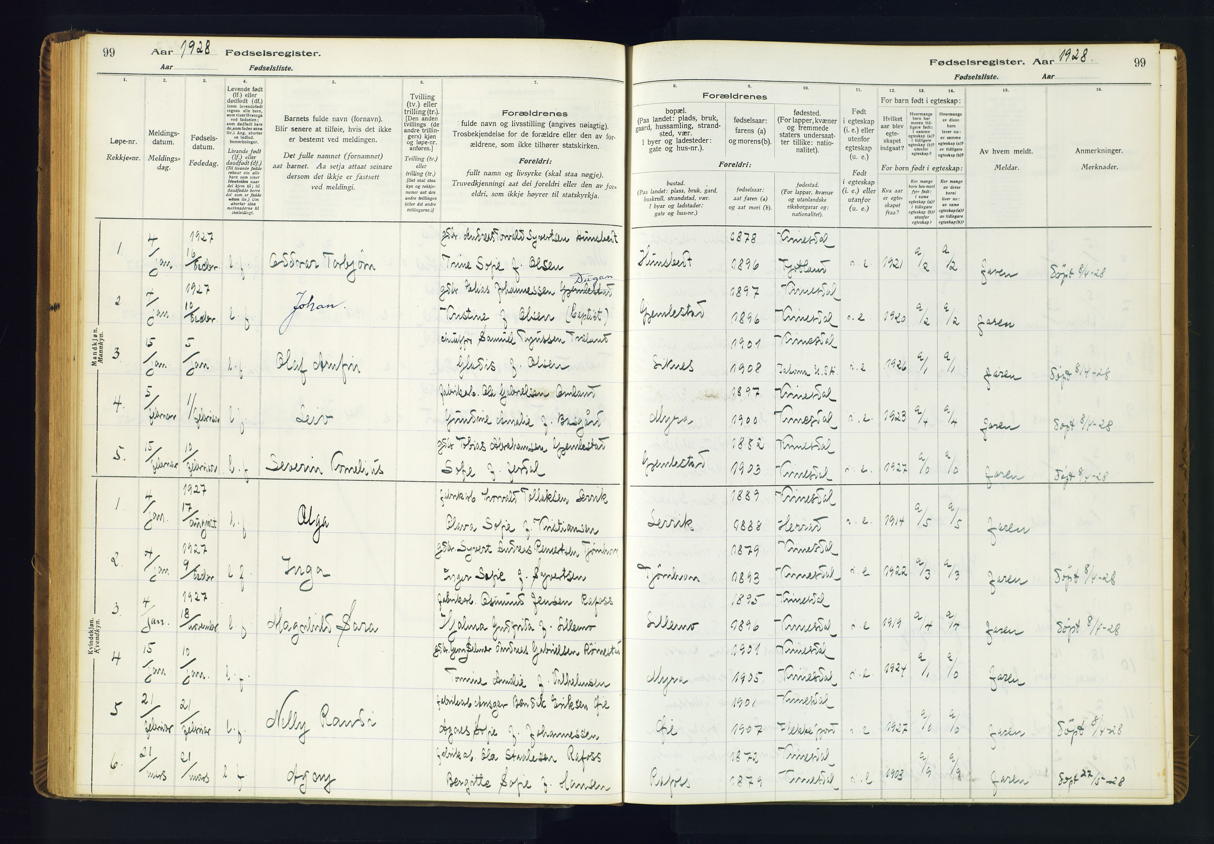 Kvinesdal sokneprestkontor, SAK/1111-0026/J/Ja/L0001: Fødselsregister nr. 1, 1916-1941, s. 99