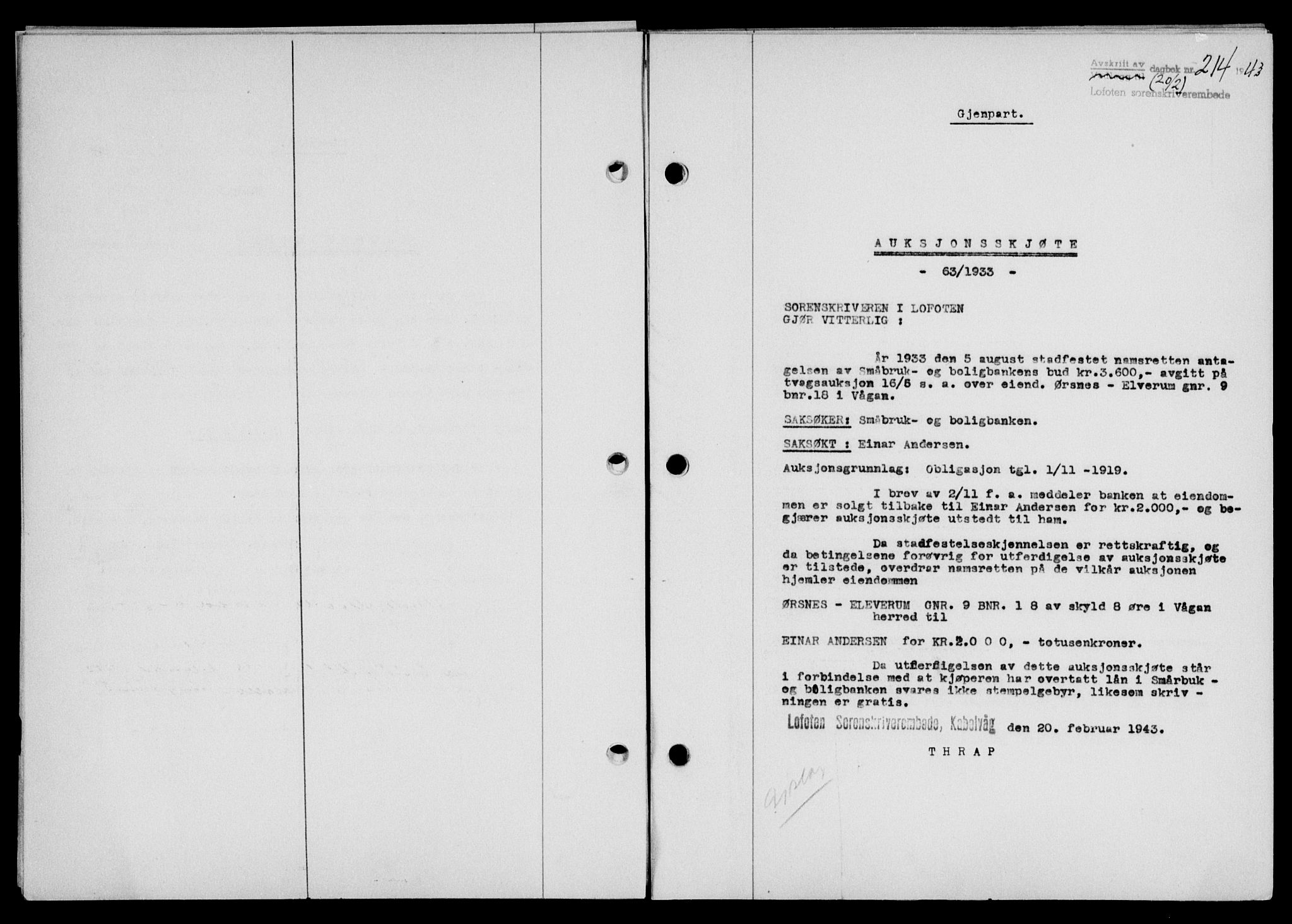 Lofoten sorenskriveri, SAT/A-0017/1/2/2C/L0011a: Pantebok nr. 11a, 1943-1943, Dagboknr: 214/1943