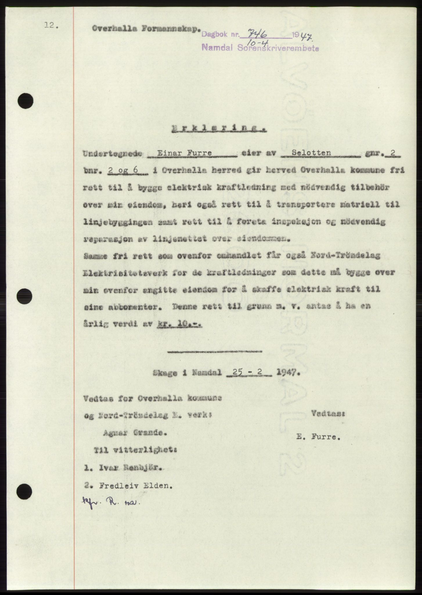 Namdal sorenskriveri, SAT/A-4133/1/2/2C: Pantebok nr. -, 1947-1947, Dagboknr: 746/1947