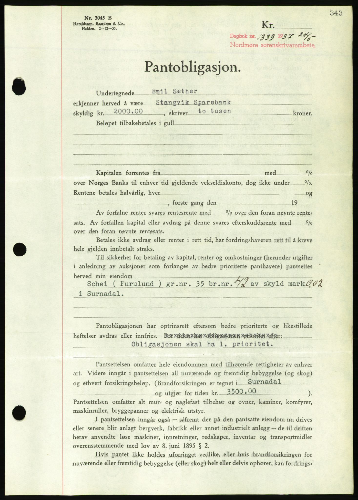 Nordmøre sorenskriveri, AV/SAT-A-4132/1/2/2Ca/L0091: Pantebok nr. B81, 1937-1937, Dagboknr: 1333/1937