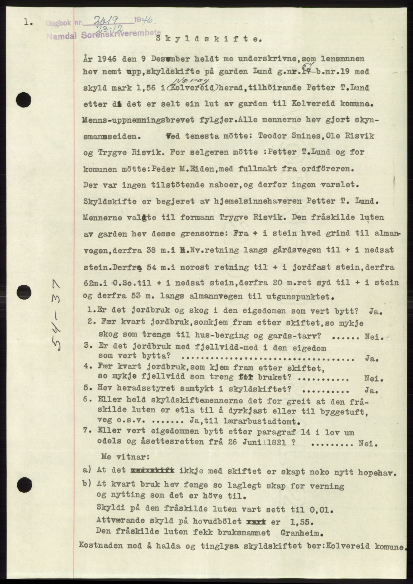 Namdal sorenskriveri, SAT/A-4133/1/2/2C: Pantebok nr. -, 1946-1947, Dagboknr: 2619/1946