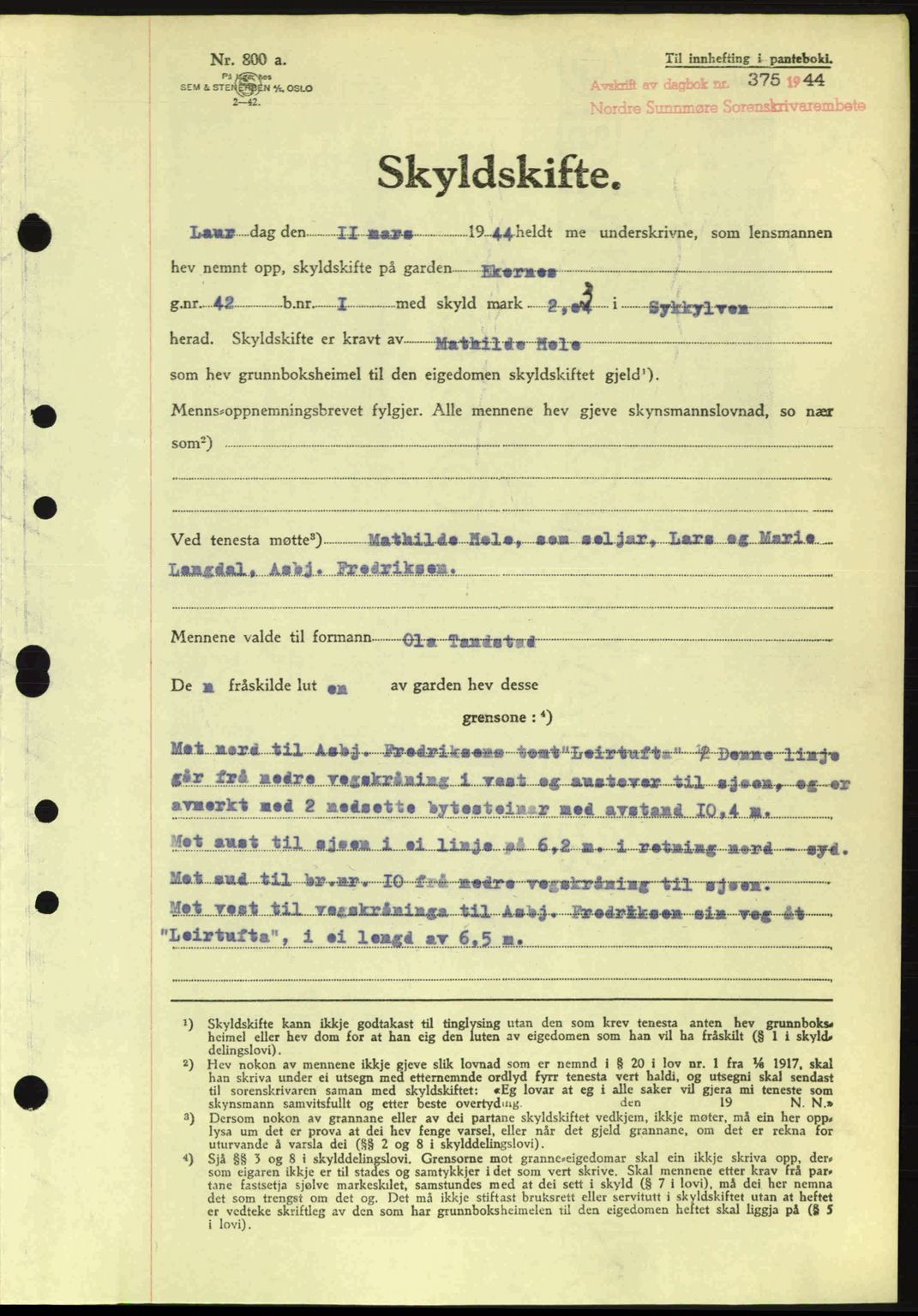 Nordre Sunnmøre sorenskriveri, AV/SAT-A-0006/1/2/2C/2Ca: Pantebok nr. A17, 1943-1944, Dagboknr: 375/1944