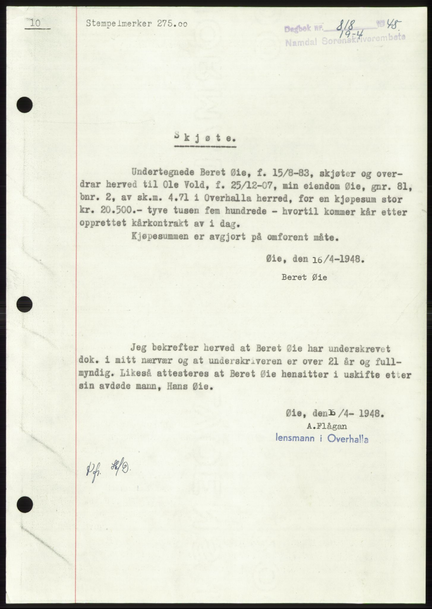 Namdal sorenskriveri, SAT/A-4133/1/2/2C: Pantebok nr. -, 1947-1948, Dagboknr: 818/1948